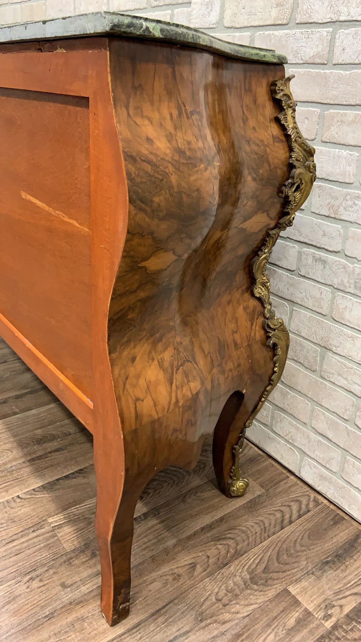 Vintage French Louis XV Style Bombe Commode Chest with Green Marble Style Top