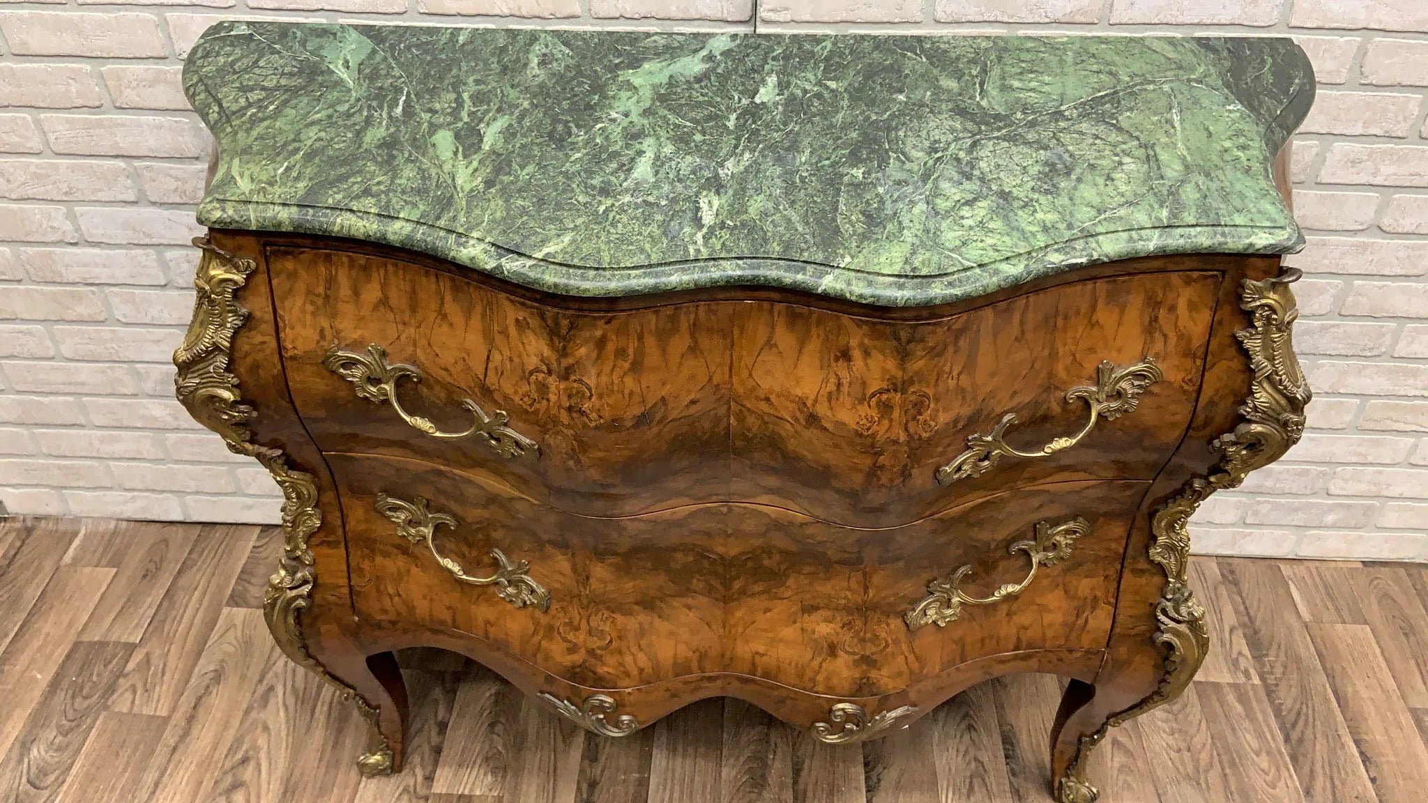 Vintage French Louis XV Style Bombe Commode Chest with Green Marble Style Top