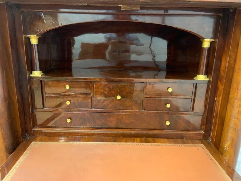 Antique French Empire Mahogany Gilt-Bronze Marble-Top Abattant Secretary Desk