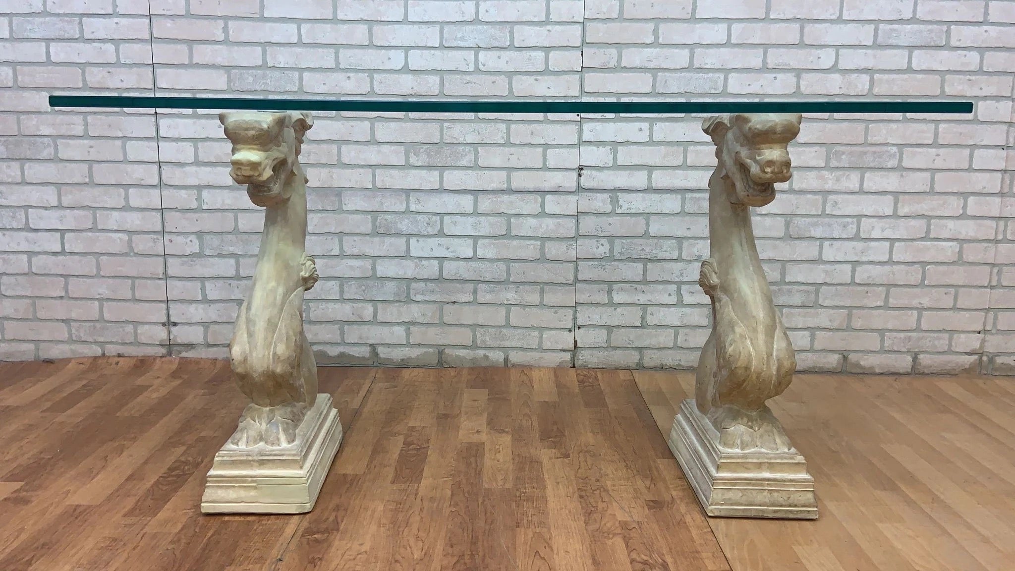 Vintage Hollywood Regency Asian Dragon Statue with Glass Top Console Table