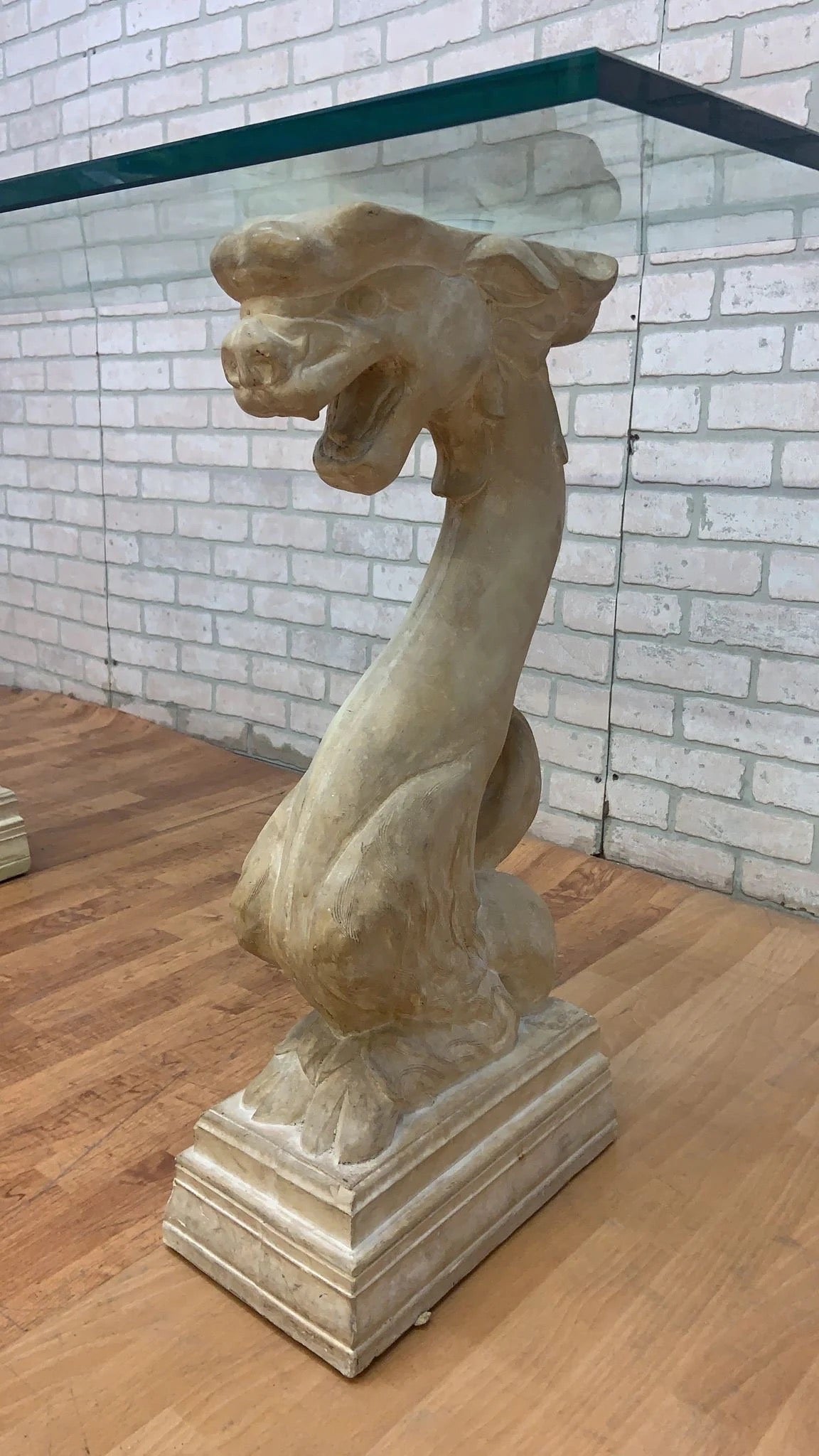 Vintage Hollywood Regency Asian Dragon Statue with Glass Top Console Table