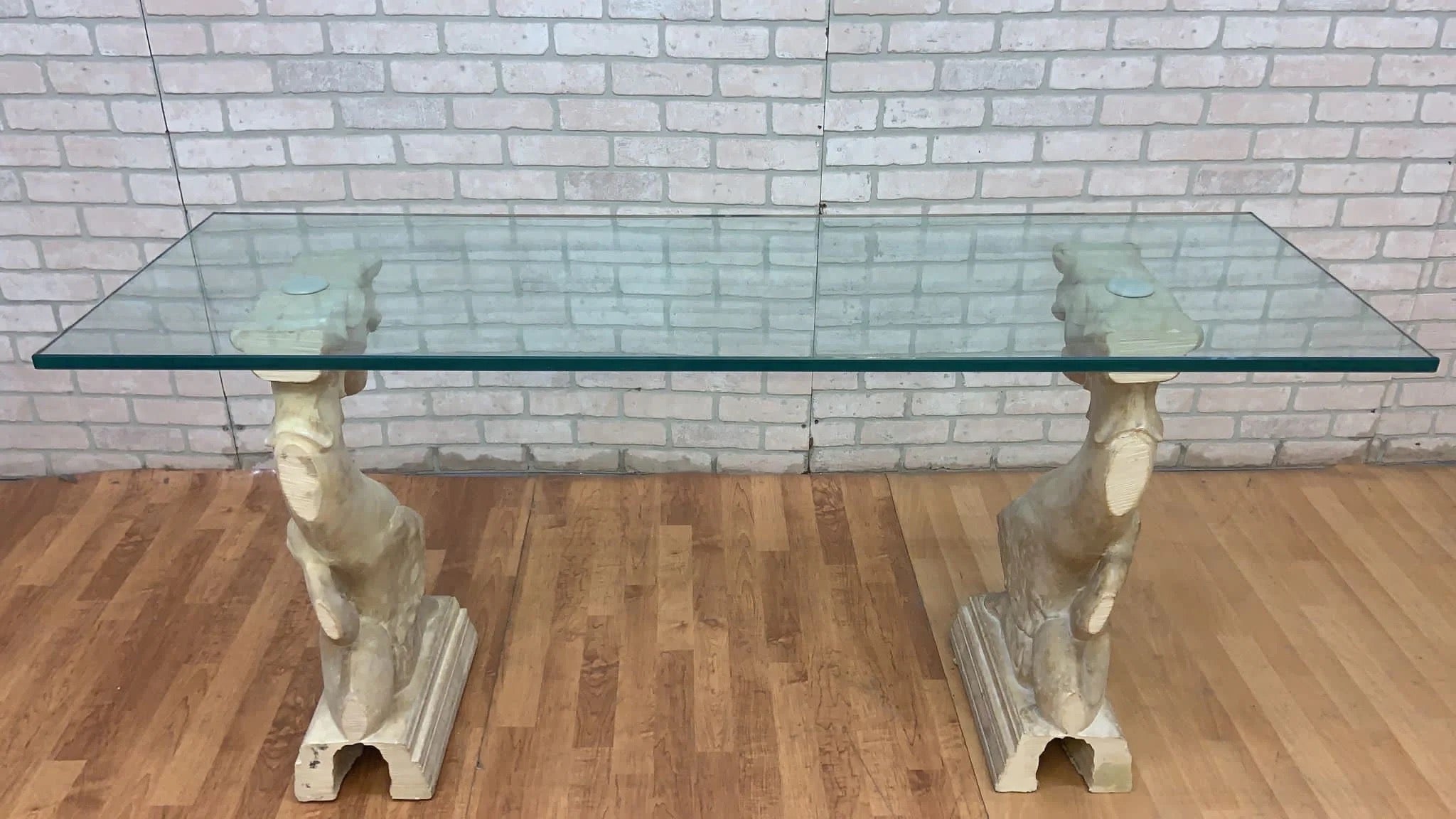 Vintage Hollywood Regency Asian Dragon Statue with Glass Top Console Table