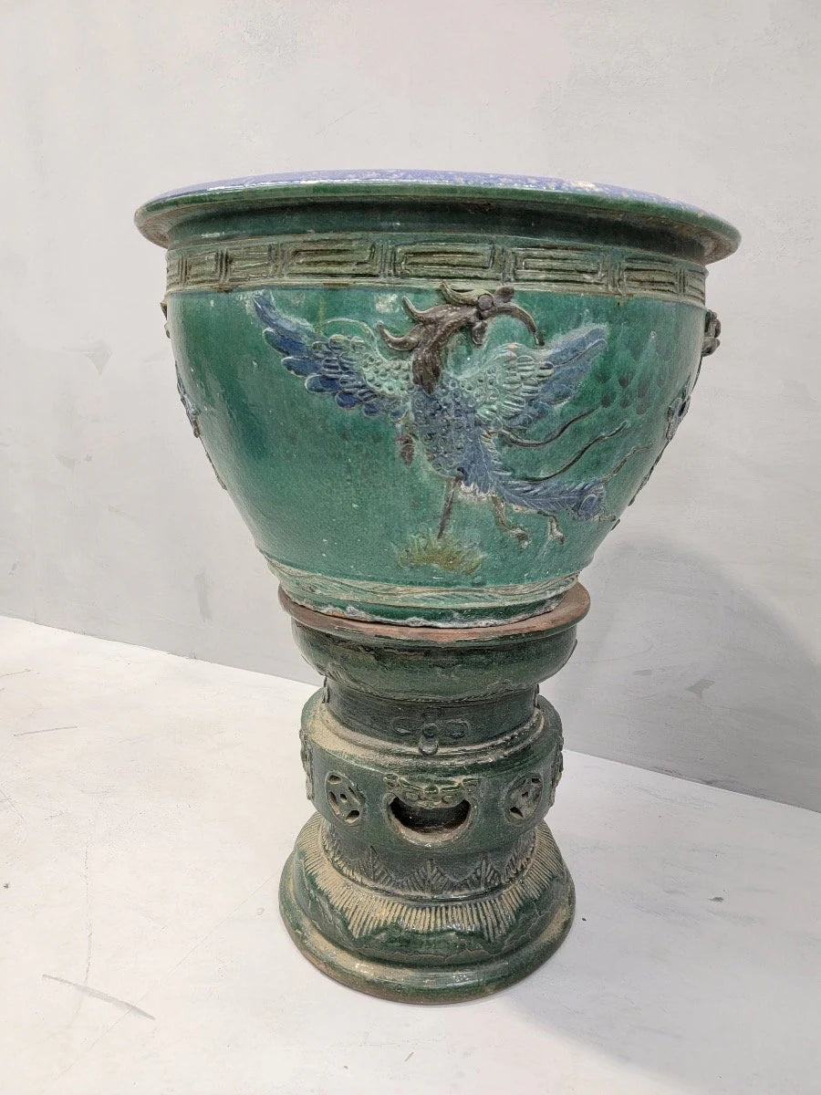 Antique Green and Blue-Glazed Planter Pot from Guangdong Province with Stand