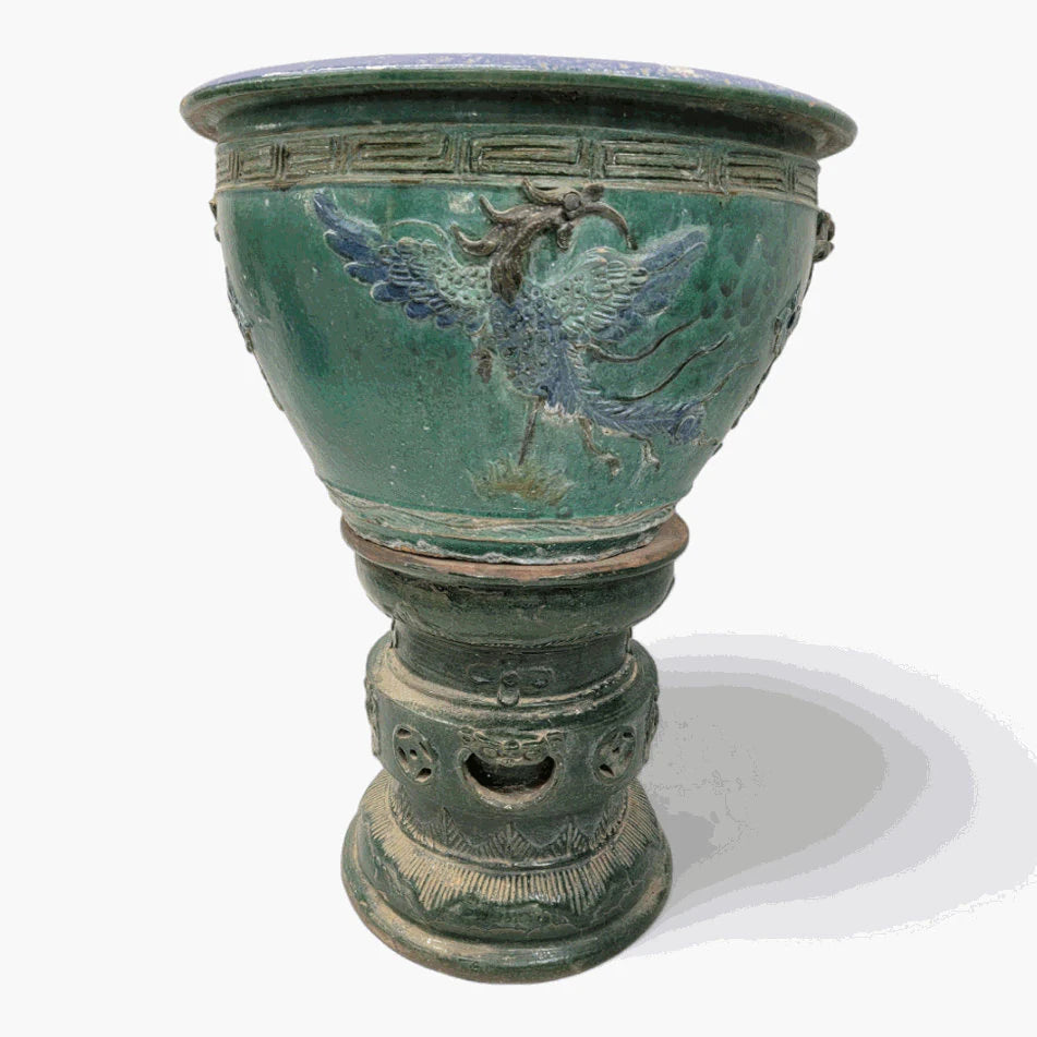 Antique Green and Blue-Glazed Planter Pot from Guangdong Province with Stand