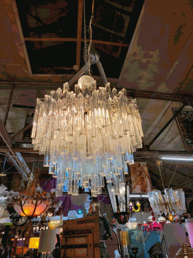 Mid Century Modern Sculptural Camer Murano Glass Multi Tier Prism Chandelier