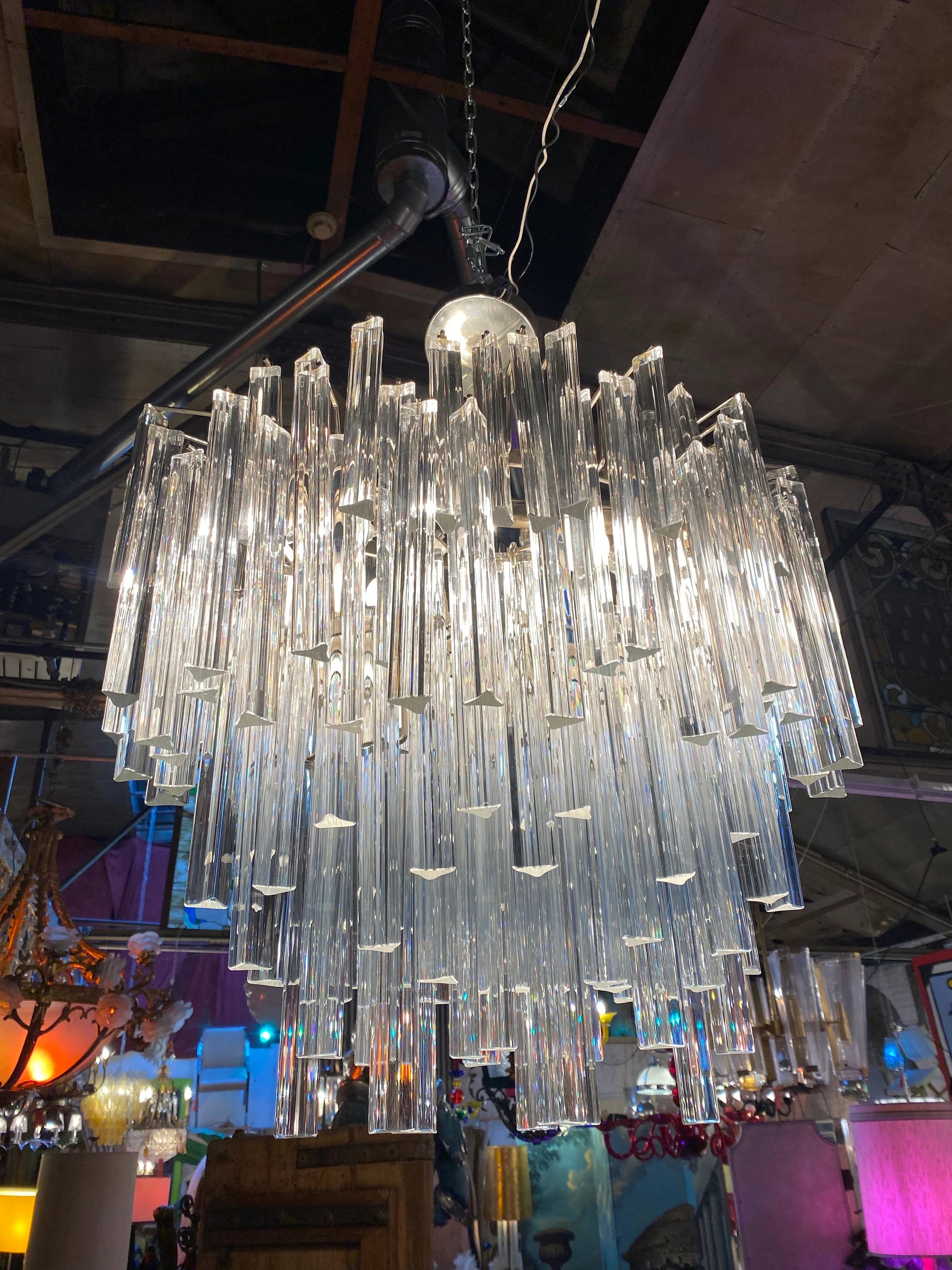 Mid Century Modern Sculptural Camer Murano Glass Multi Tier Prism Chandelier