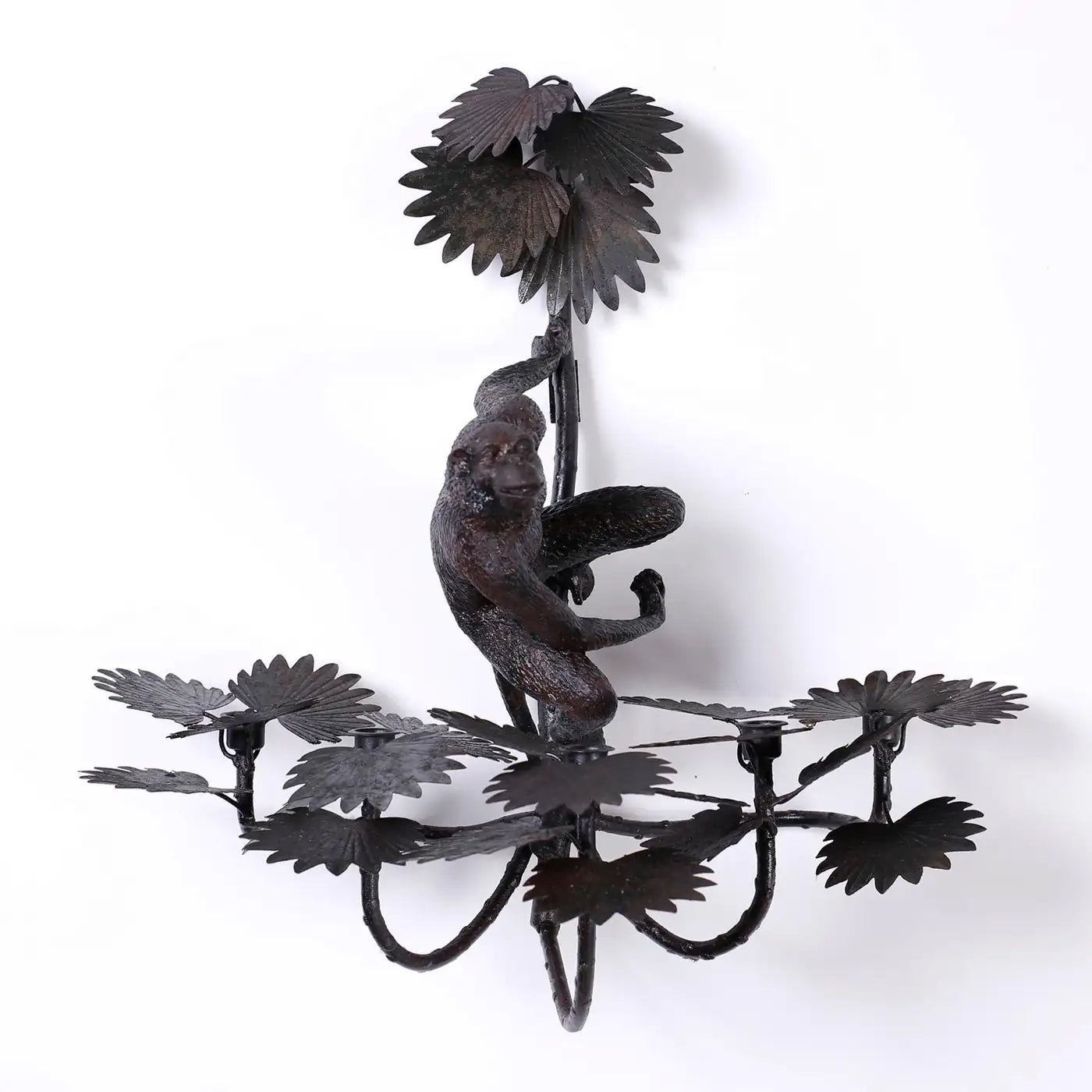Vintage Hollywood Regency Italian Cast Iron Monkey Palm Wall Sconces - Pair
