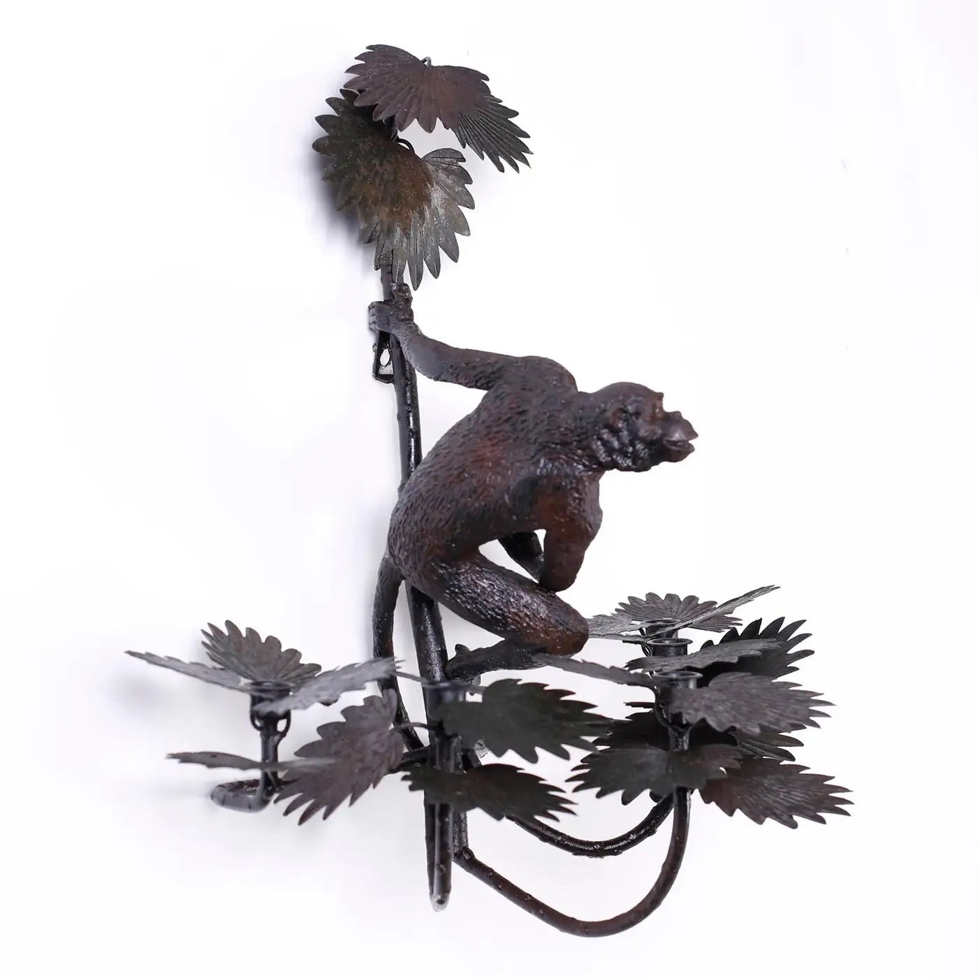 Vintage Hollywood Regency Italian Cast Iron Monkey Palm Wall Sconces - Pair
