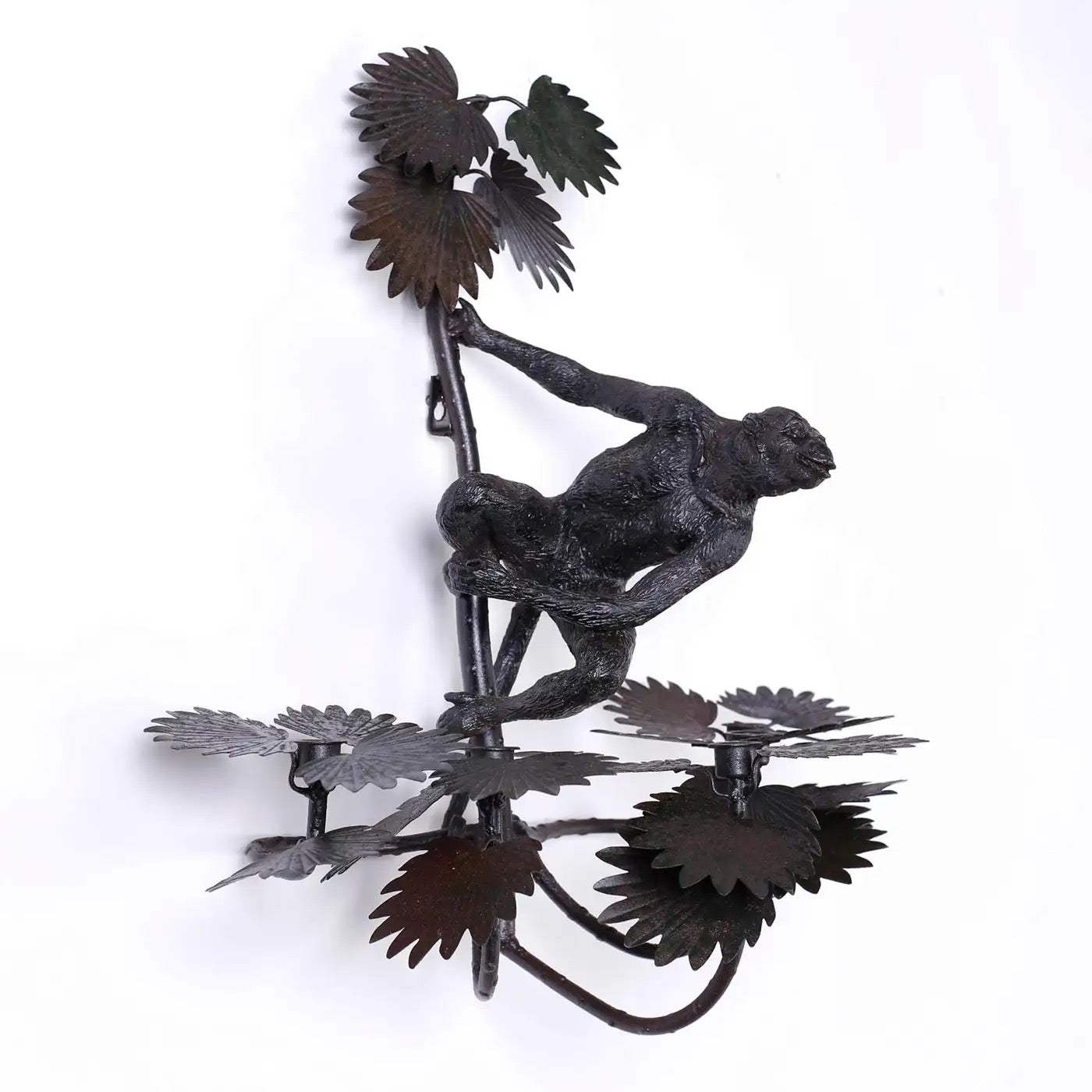 Vintage Hollywood Regency Italian Cast Iron Monkey Palm Wall Sconces - Pair