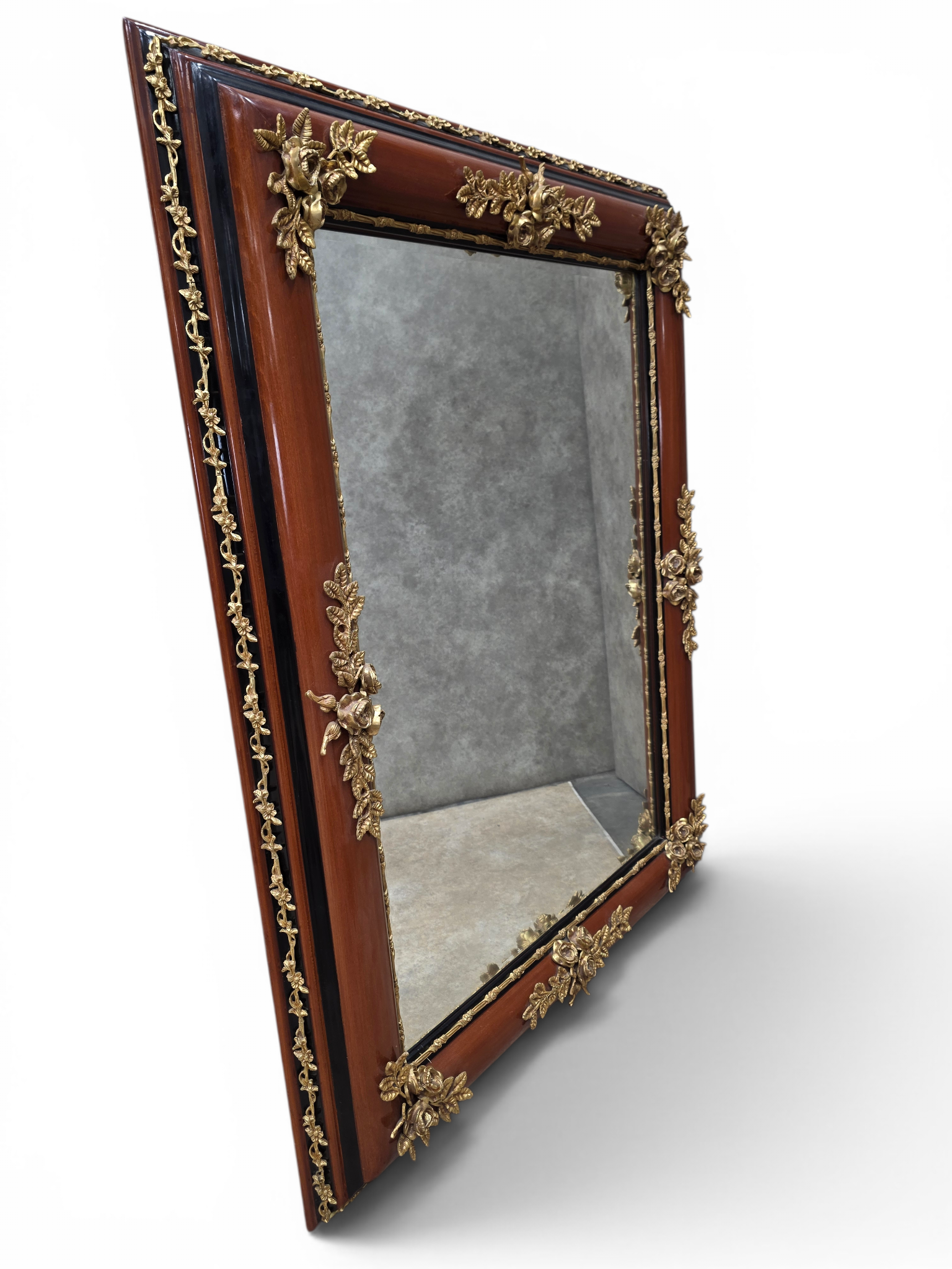 New - Antique French Louis XVI Napoleon III Style Mahogany, Gilt Bronze & Black Marble Console Table with Matching Mirror