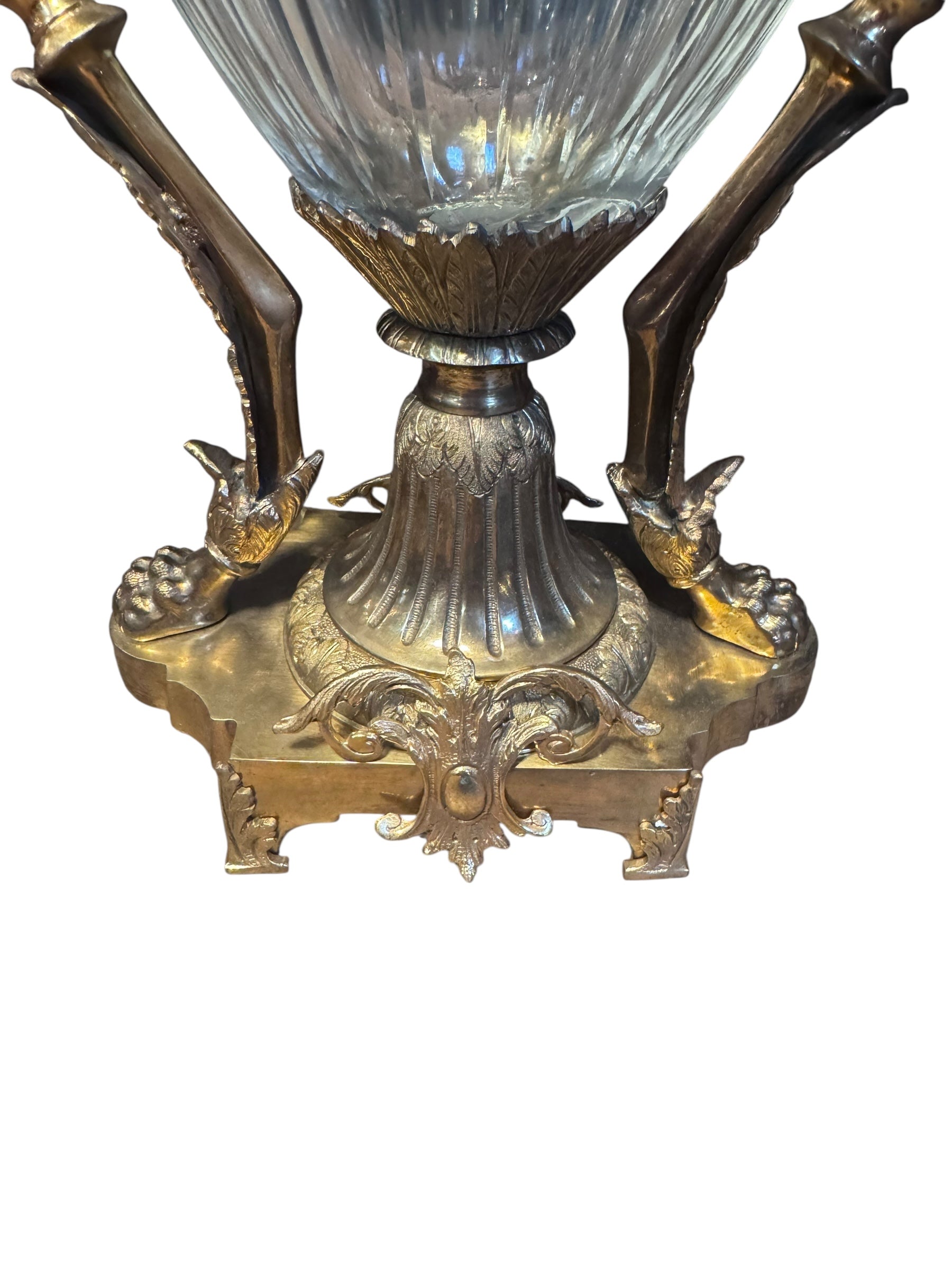 Antique French Gilt Bronze Diamond Cut Baccarat Crystal Urns Signed - Pair