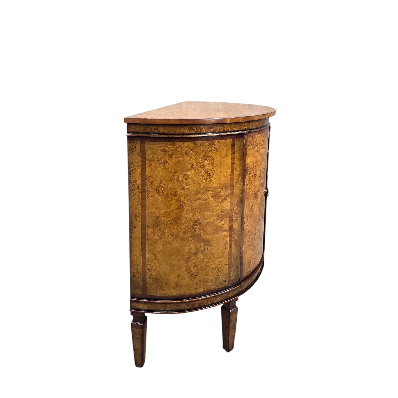 Vintage Neoclassical Regency Style Walnut Burl Demilune Cabinet