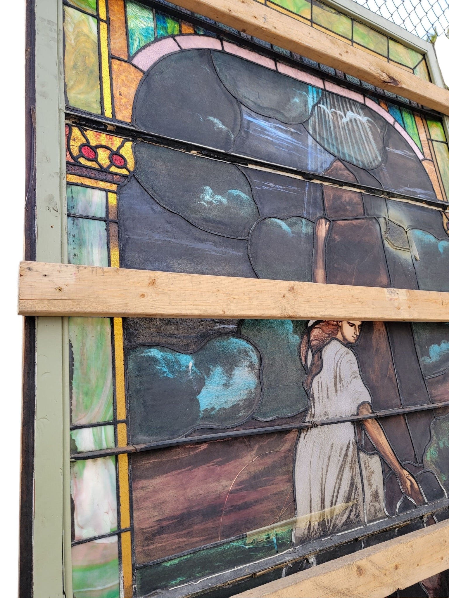 Antique Monumental Tiffany Style Salvaged “Heaven” Stained Glass Window