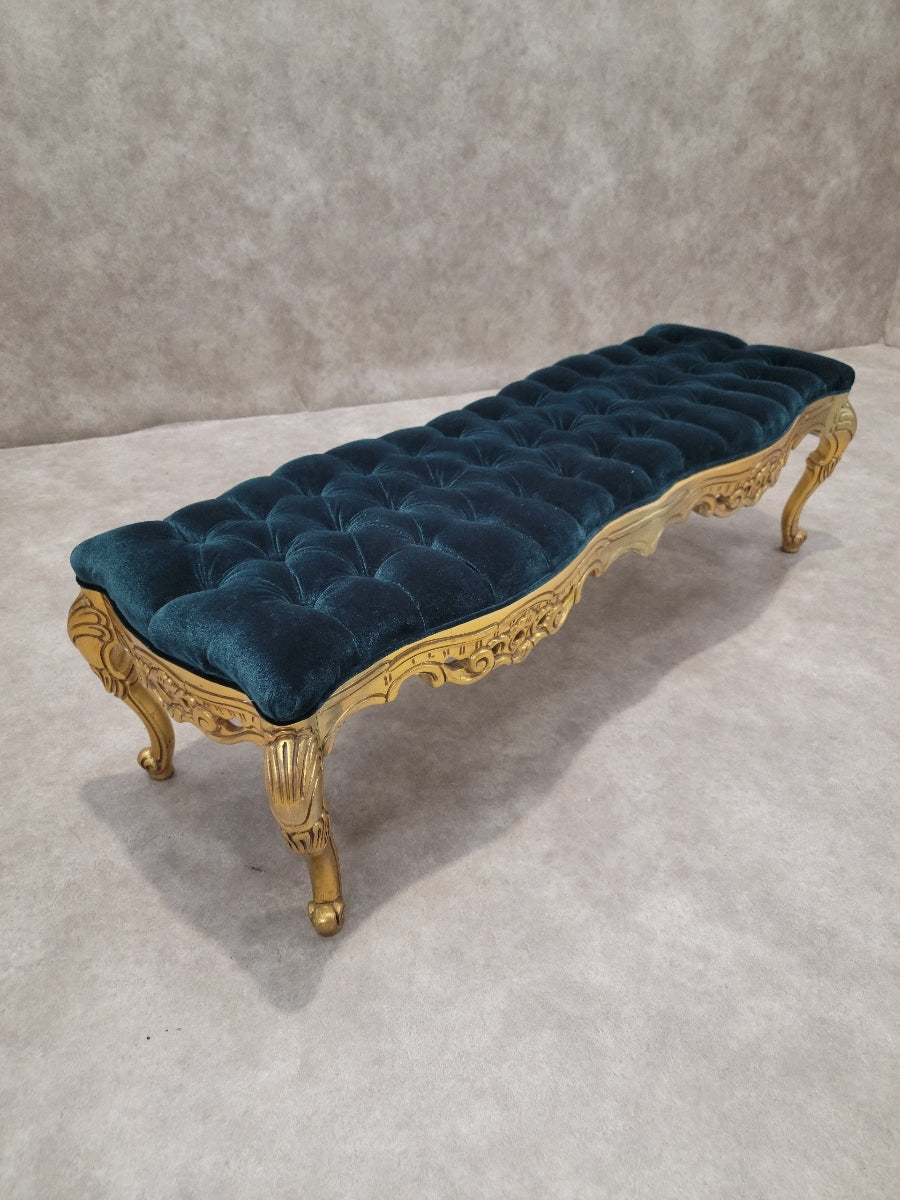 NEW - Antique Italian Rococo Styled Carved Giltwood Bedroom Bench Newly Custom Upholstered in Plush Emerald-Mist Tufted Velvet