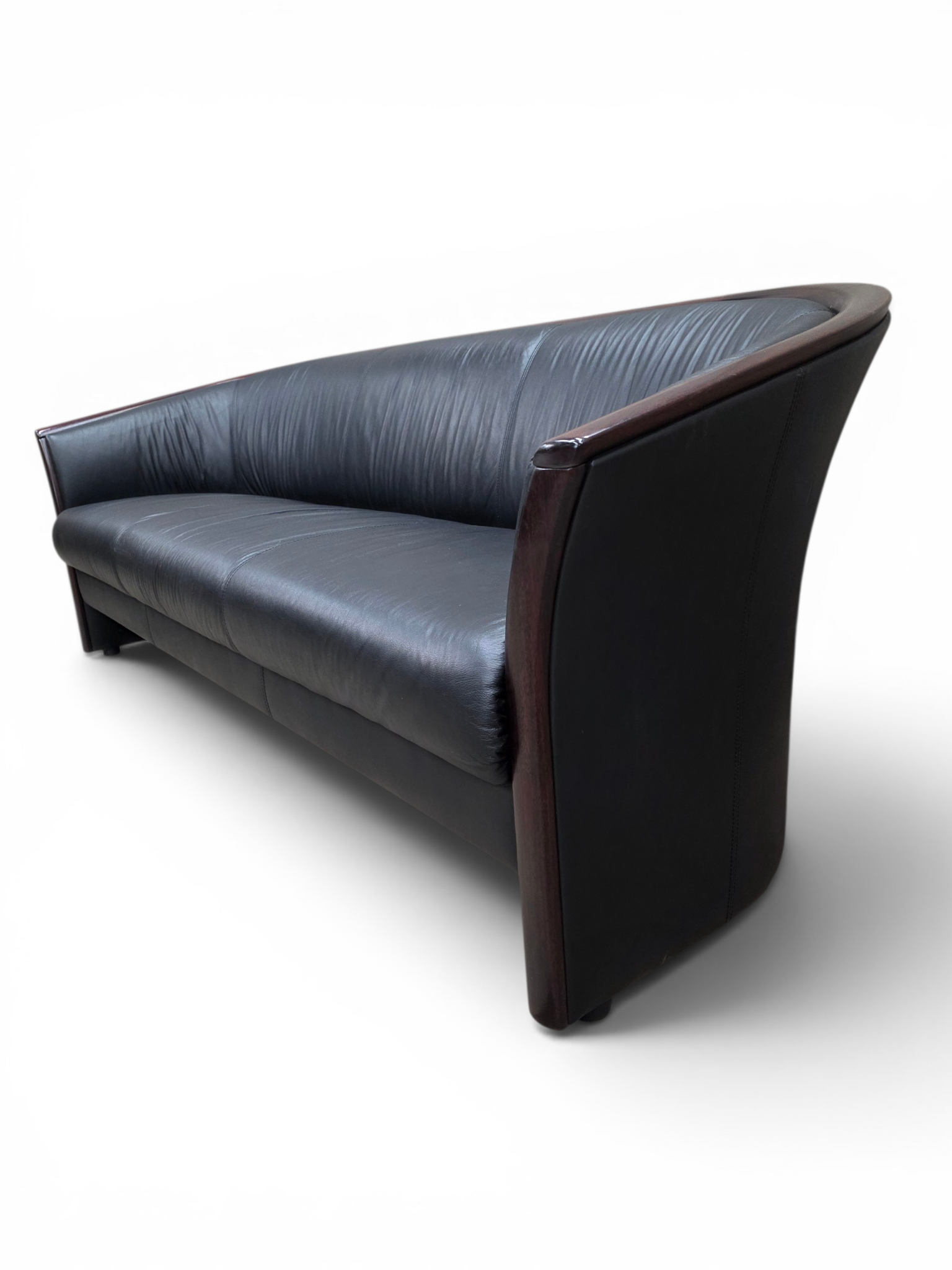 Vintage Ekornes Scandinavian Modern Black Leather Sofa with Rosewood Accents