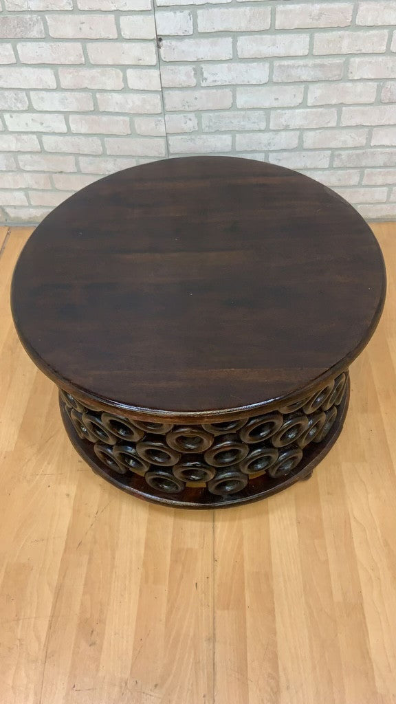 Vintage Modern Tribal Style Carved Ring Circular Drum Coffee Table
