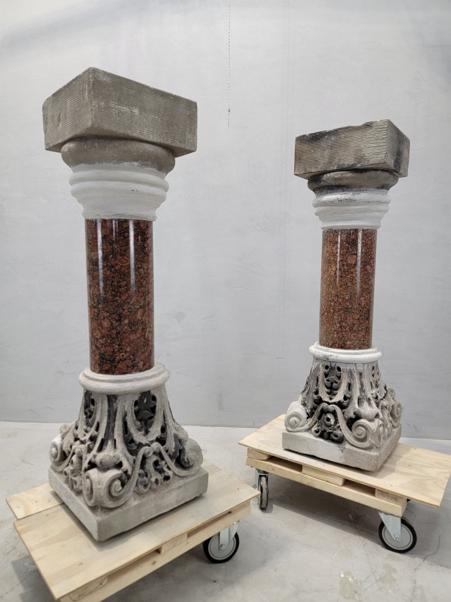 Antique Italian Marble & Sculpted Stone Pedestals from Roman Church Altar - Pair