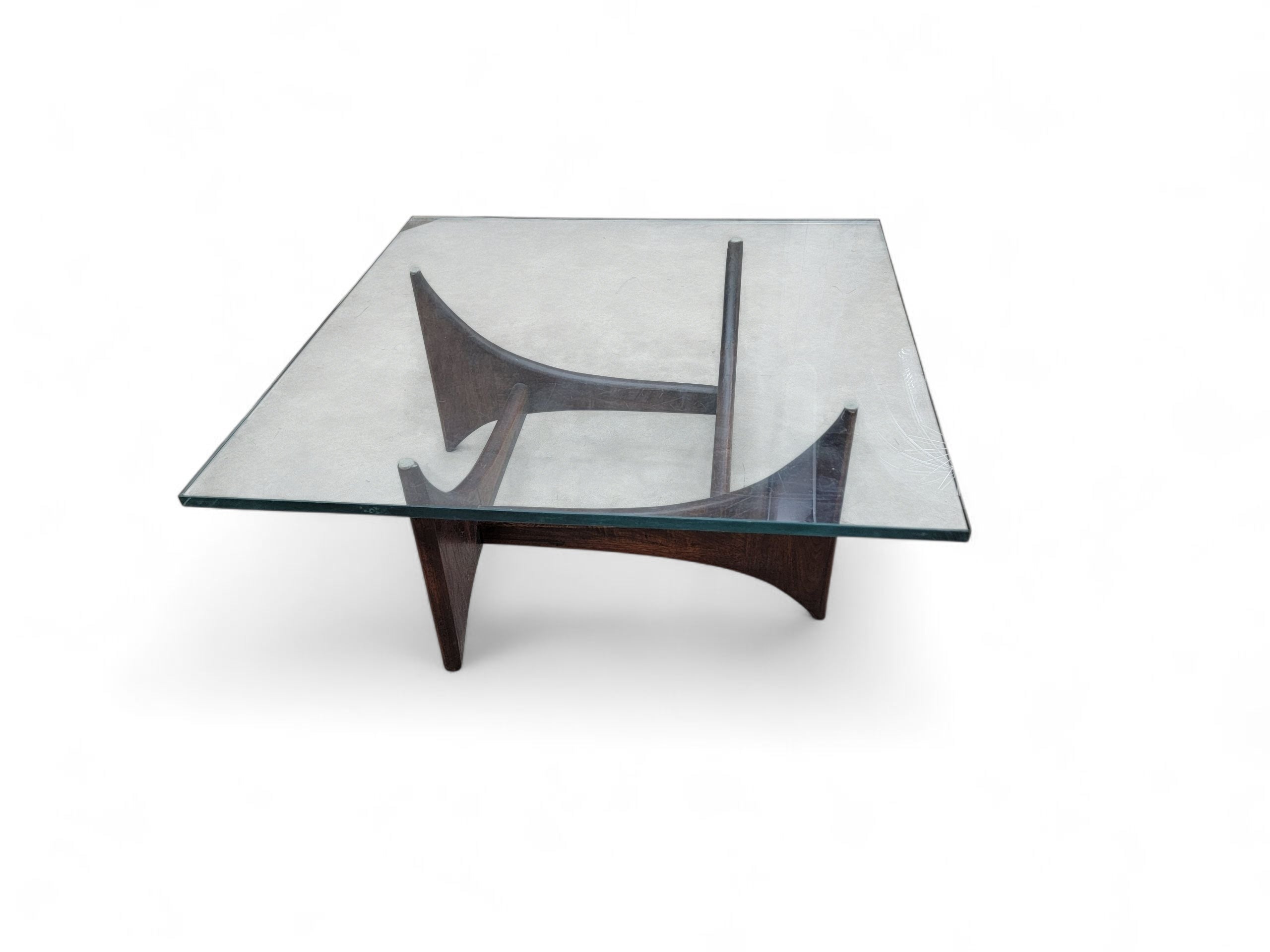 Mid Century Modern Adrian Pearsall Walnut Square Fin Base Glass Top Coffee Table