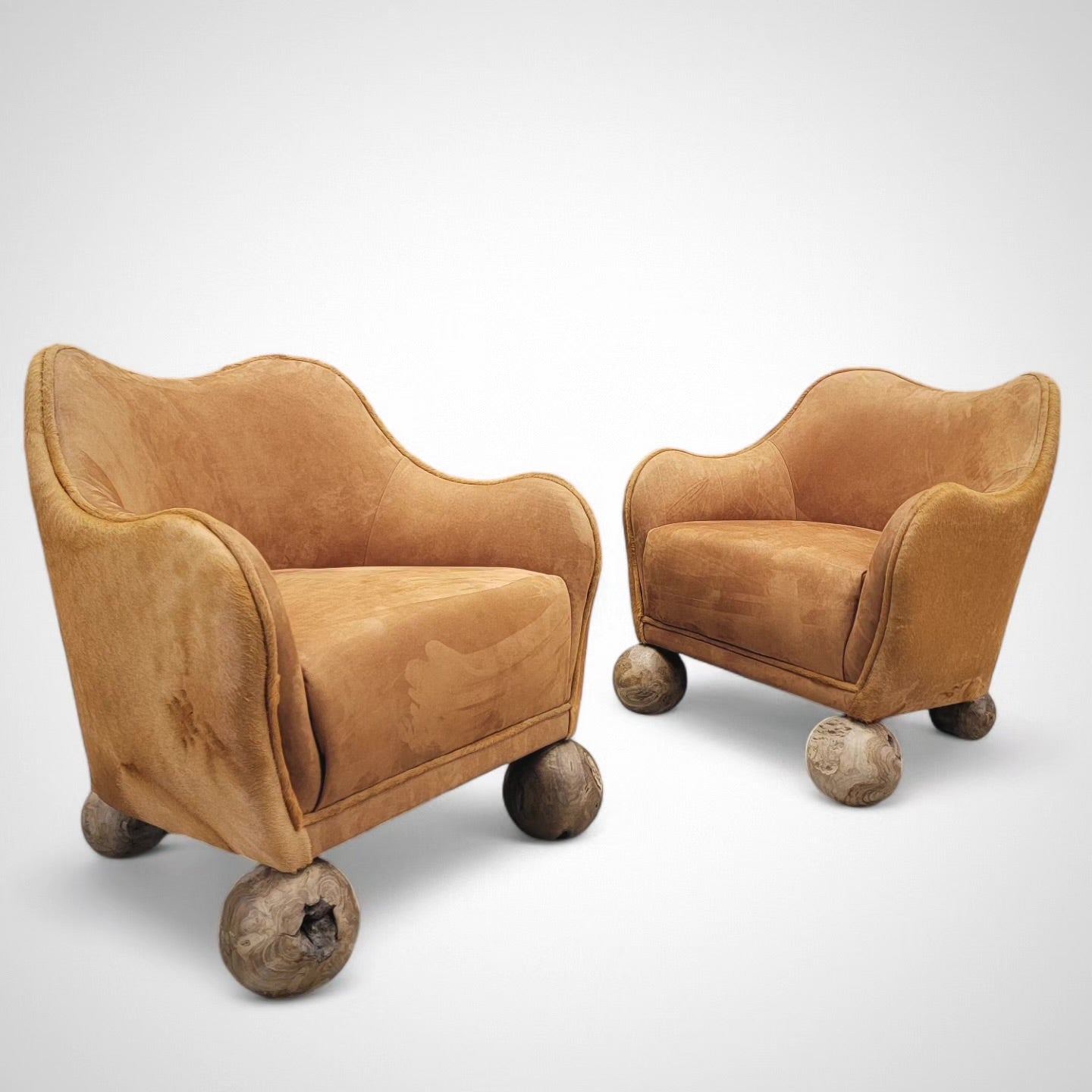 Vintage Rustic Contemporary Sculptural Club Chairs Newly Upholstered in Suede and Cowhide - Pair