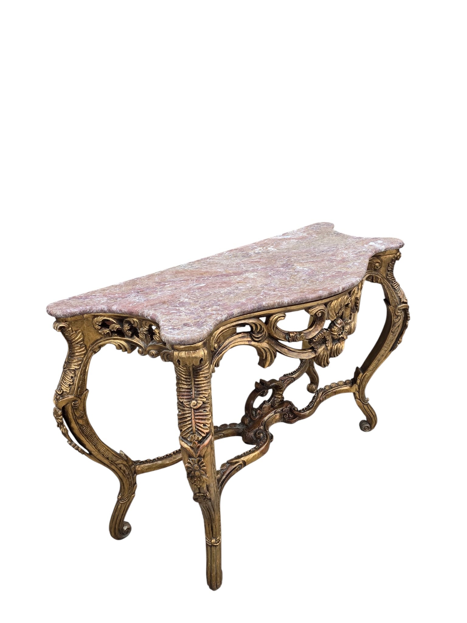 Antique Louis XV Style Carved Console Table with Pink Marble Top