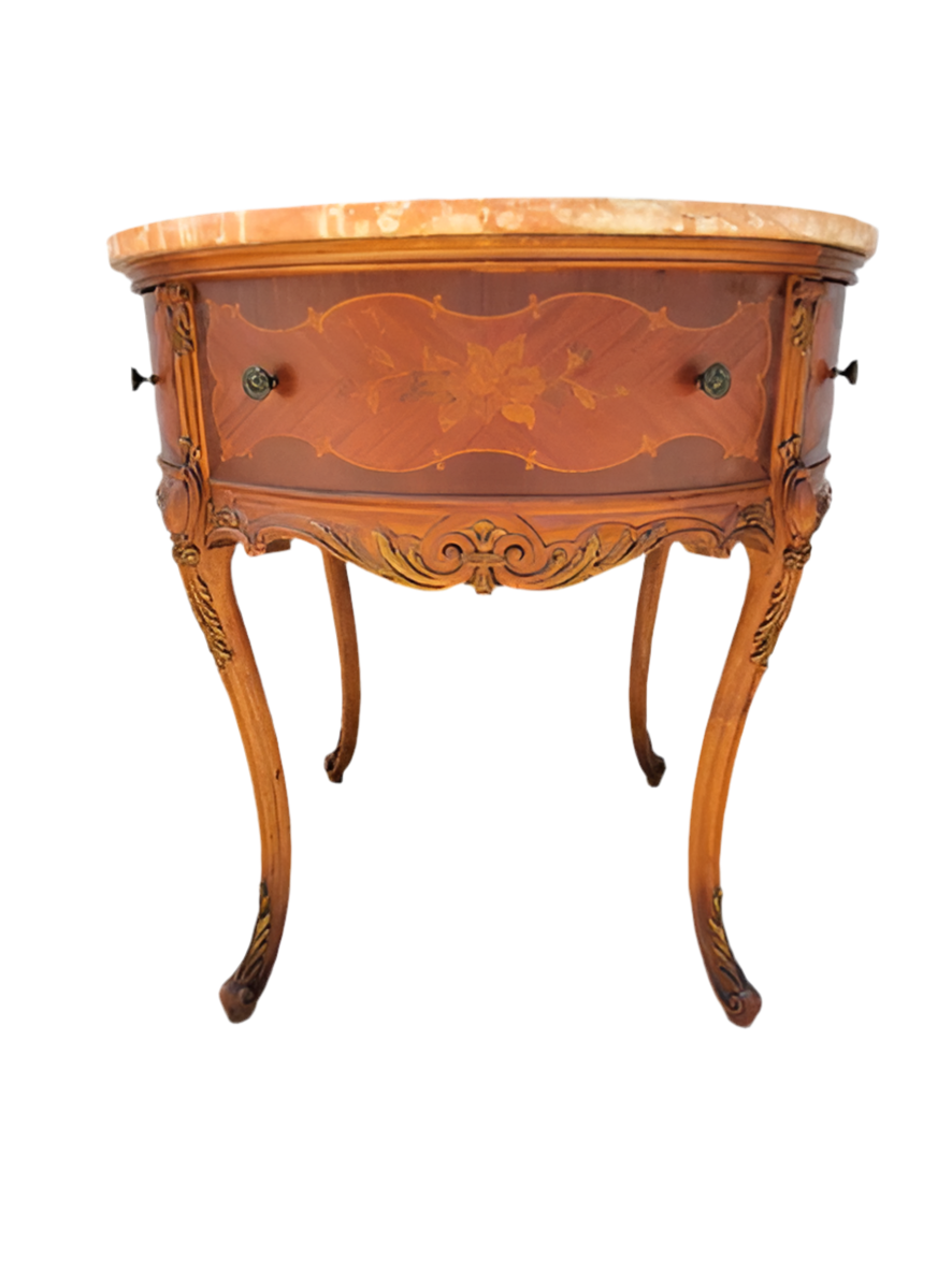 Antique Victorian Round Carved Inlaid Side Table with Pink Marble Top and Two Drawers