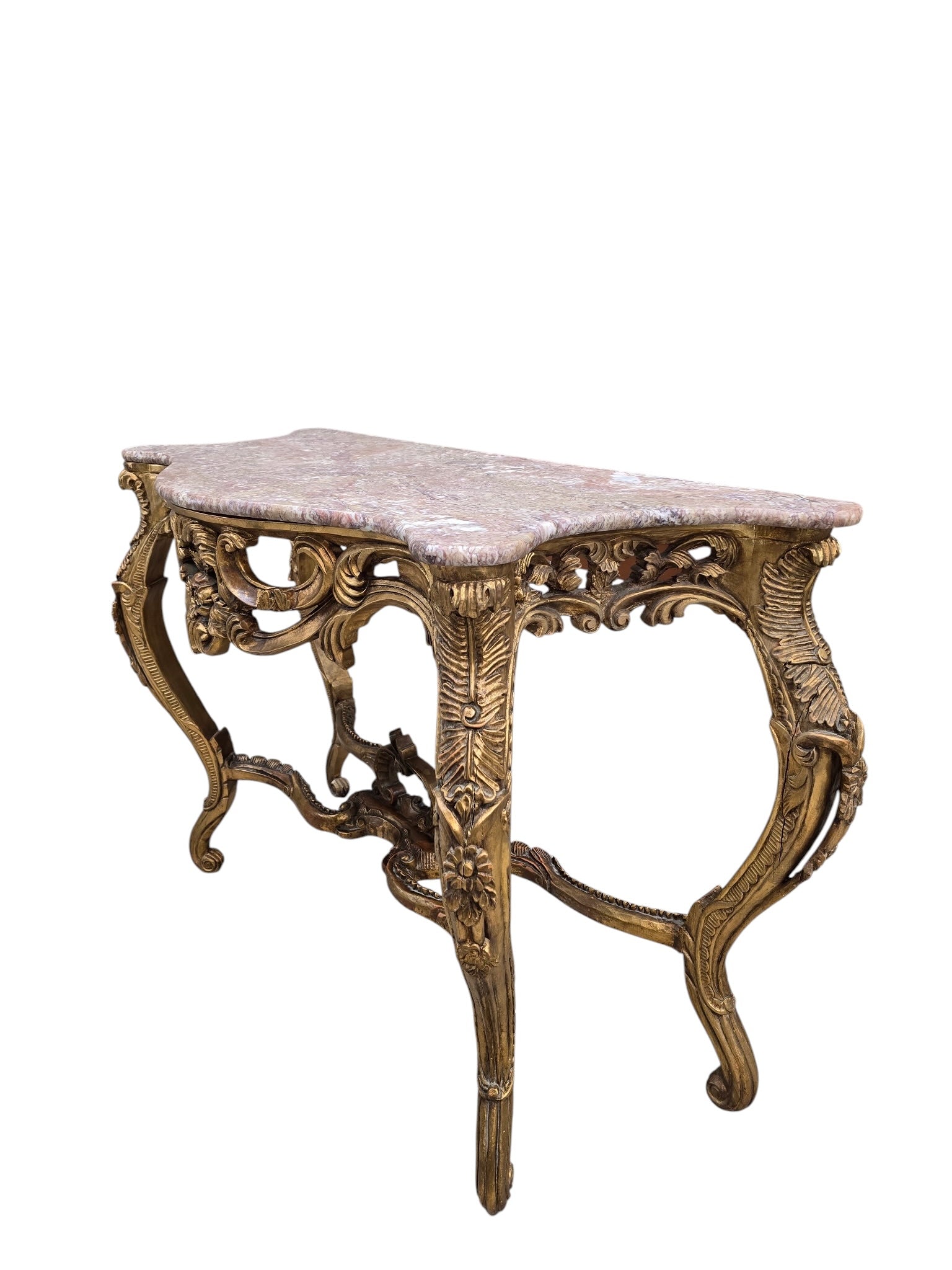 Antique Louis XV Style Carved Console Table with Pink Marble Top