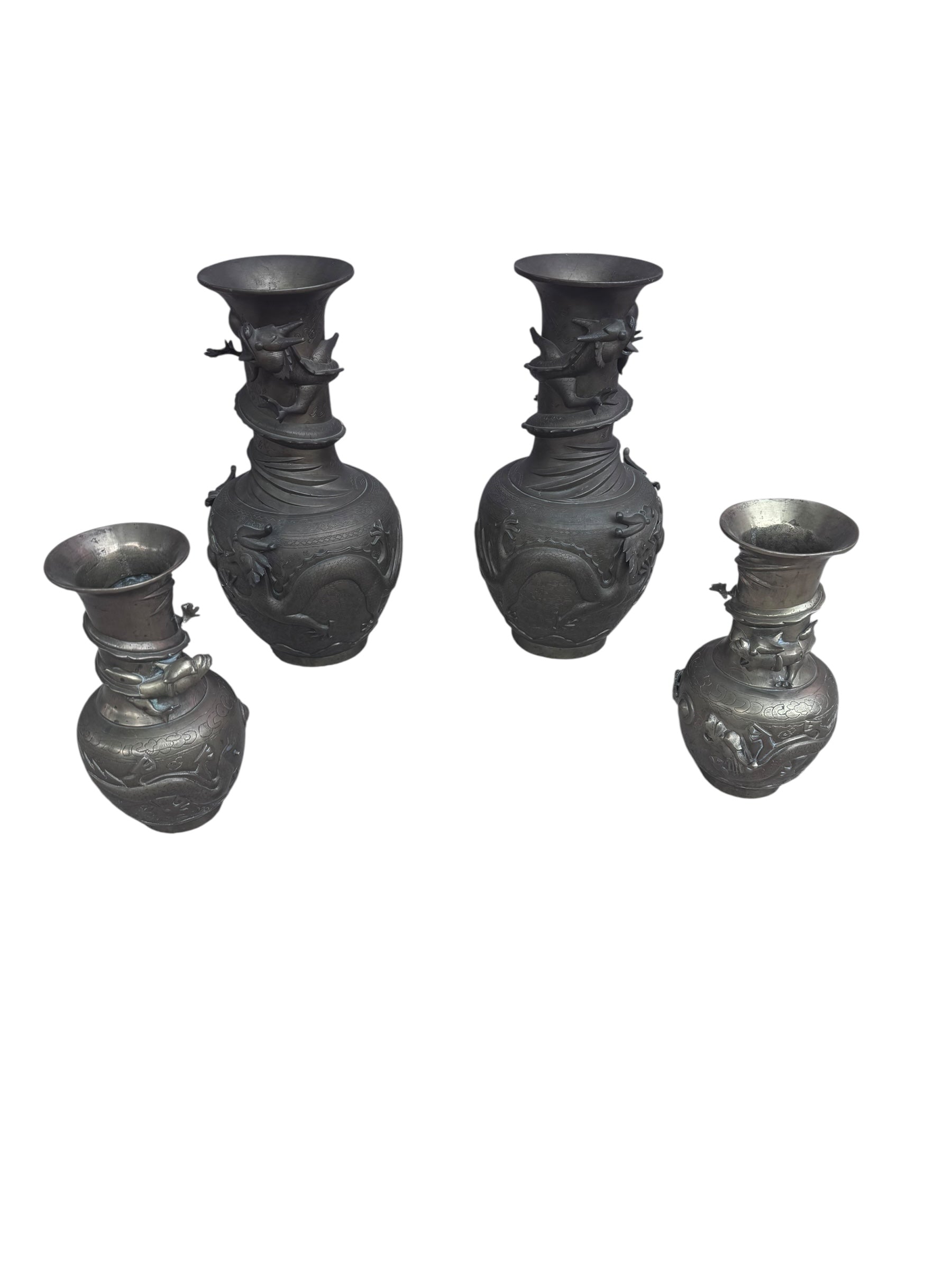 Antique Chinese Bronze Royal Dragons Sculpted Vase - Pair