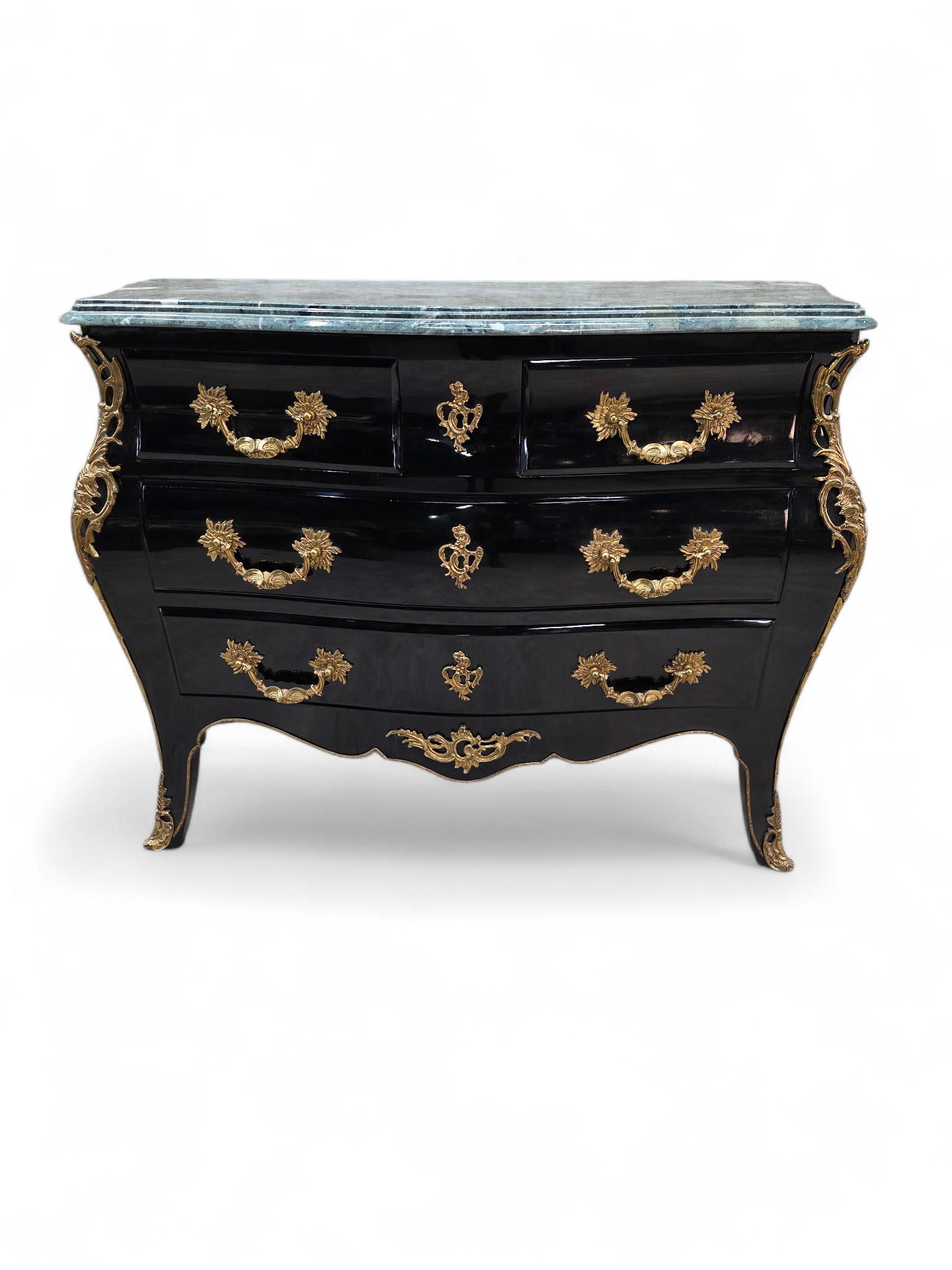 Vintage French Louis XV Style Black Lacquer Bombe Commode