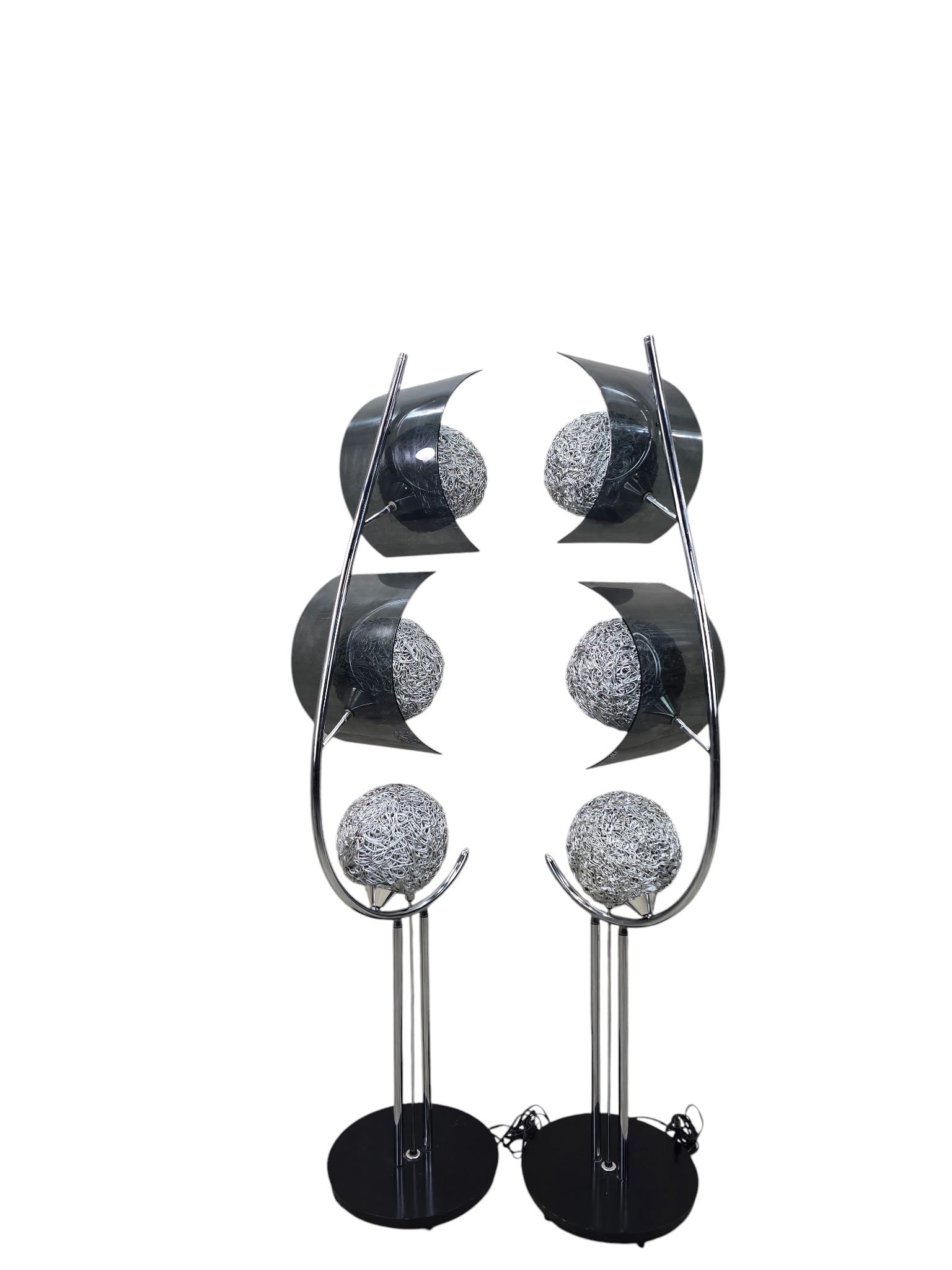 MCM Chrome Triple Light Lamps with Metal Spaghetti Shades – Pair