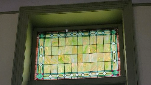 Antique Tiffany Style Salvaged Green Upper Transom Stained Glass Windows - Pair