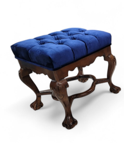 New - Antique Mahogany Chippendale Tufted Ottoman Newly Upholstered in Velvet
