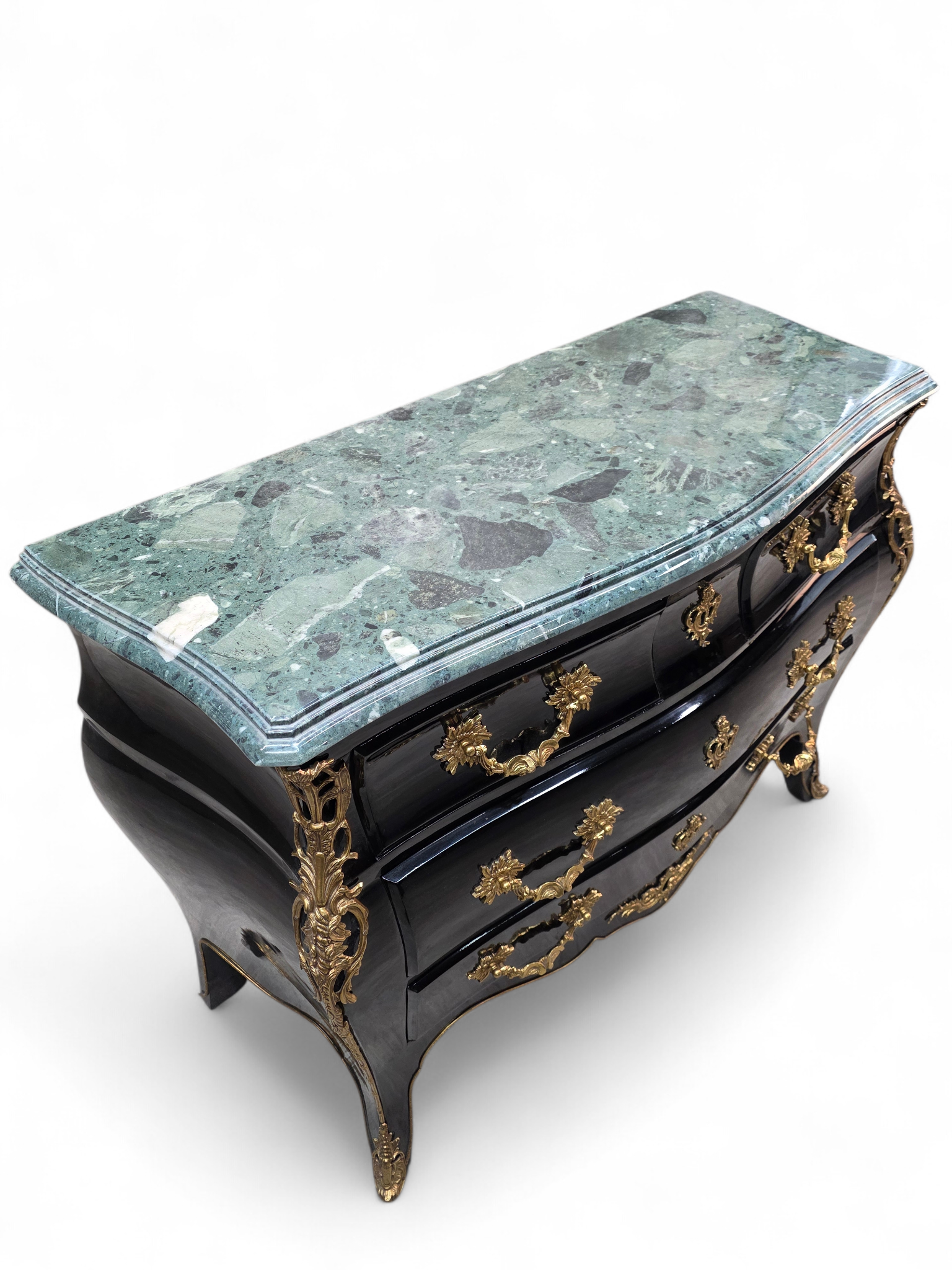Vintage French Louis XV Style Black Lacquer Bombe Commode