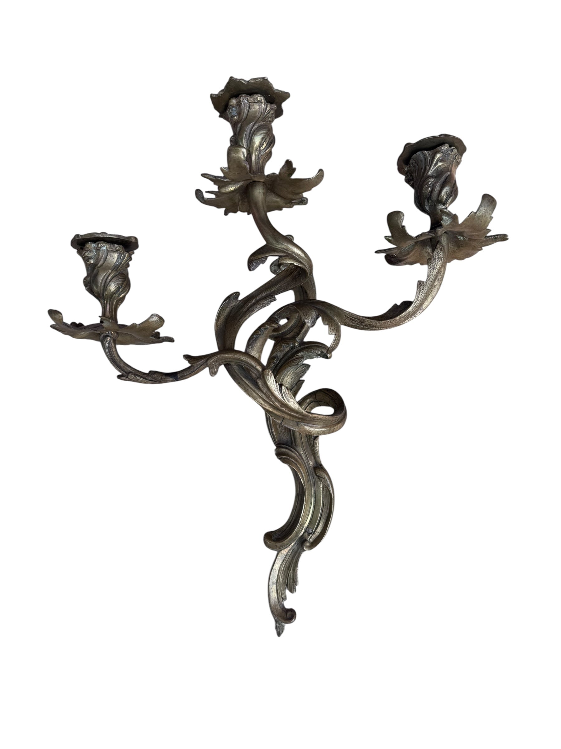 Antique French Louis XV Style Three Light Bronze Wall Candle Sconces - Pair