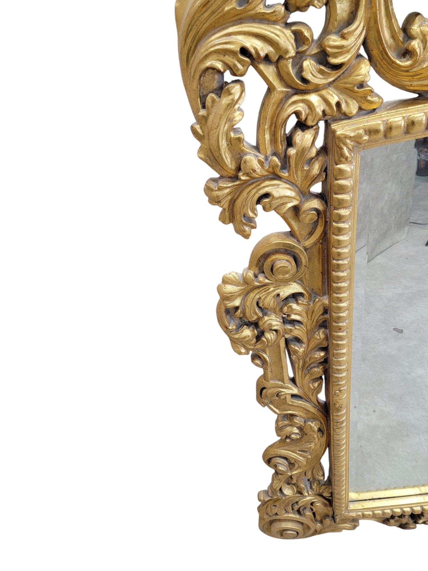 Vintage Hollywood Regency Italian Versace Style Carved Ornate Gold Gilded Figural Beveled Wall Mirror