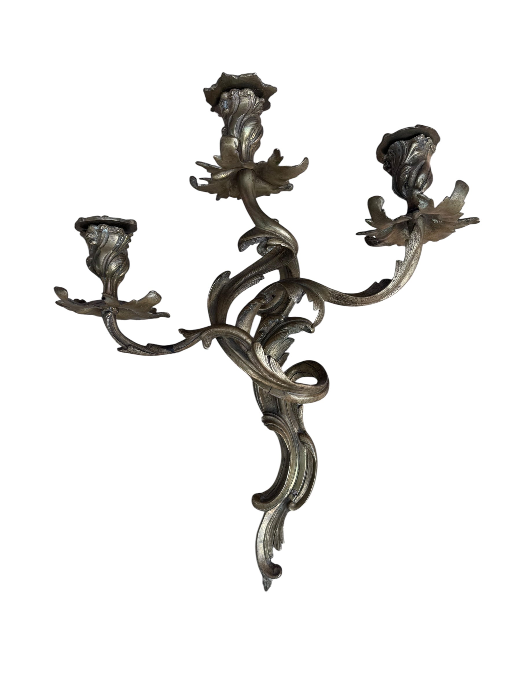 Antique French Louis XV Style Three Light Bronze Wall Candle Sconces - Pair