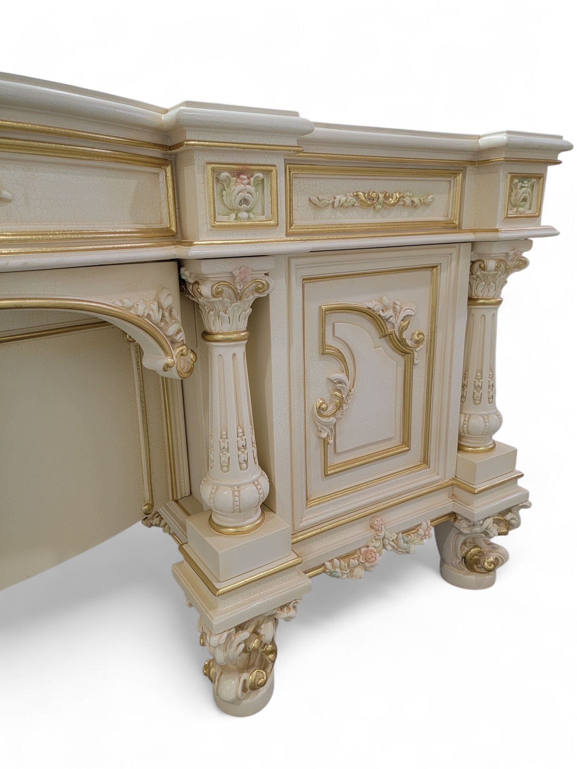 Vintage Custom Venetian Antique Rococo Style Antique White Carved Executive Desk