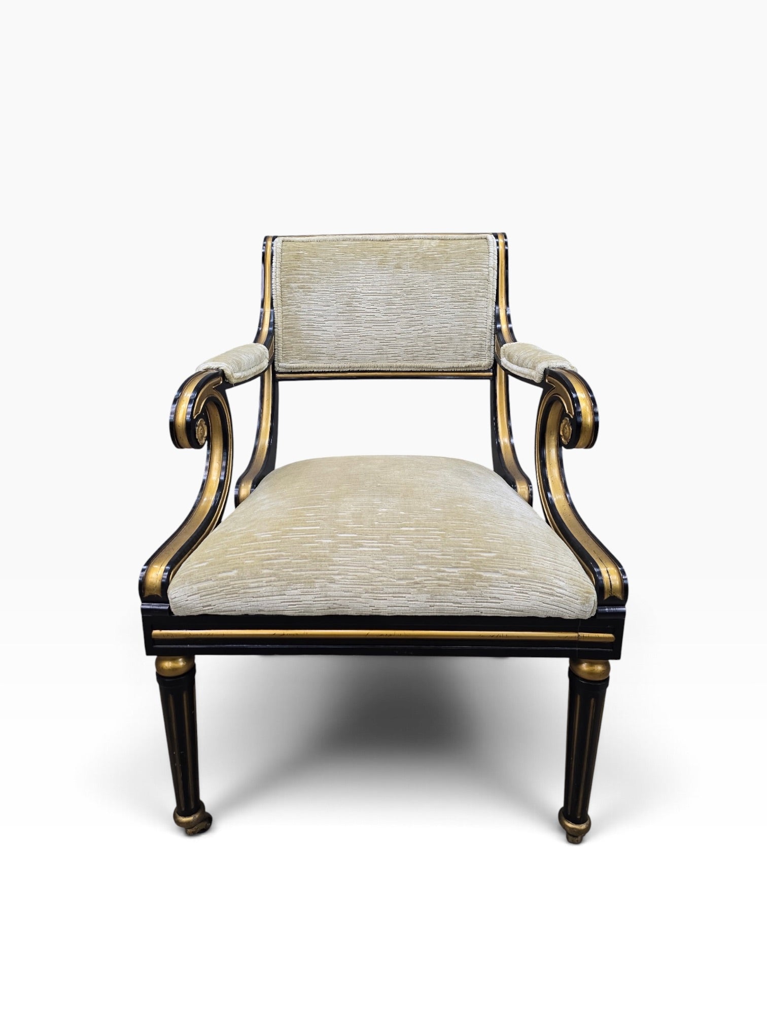 Regency Style Ebonized Armchairs by Baker Newly Reupholstered in a Gold Chenille Fabric - Pair