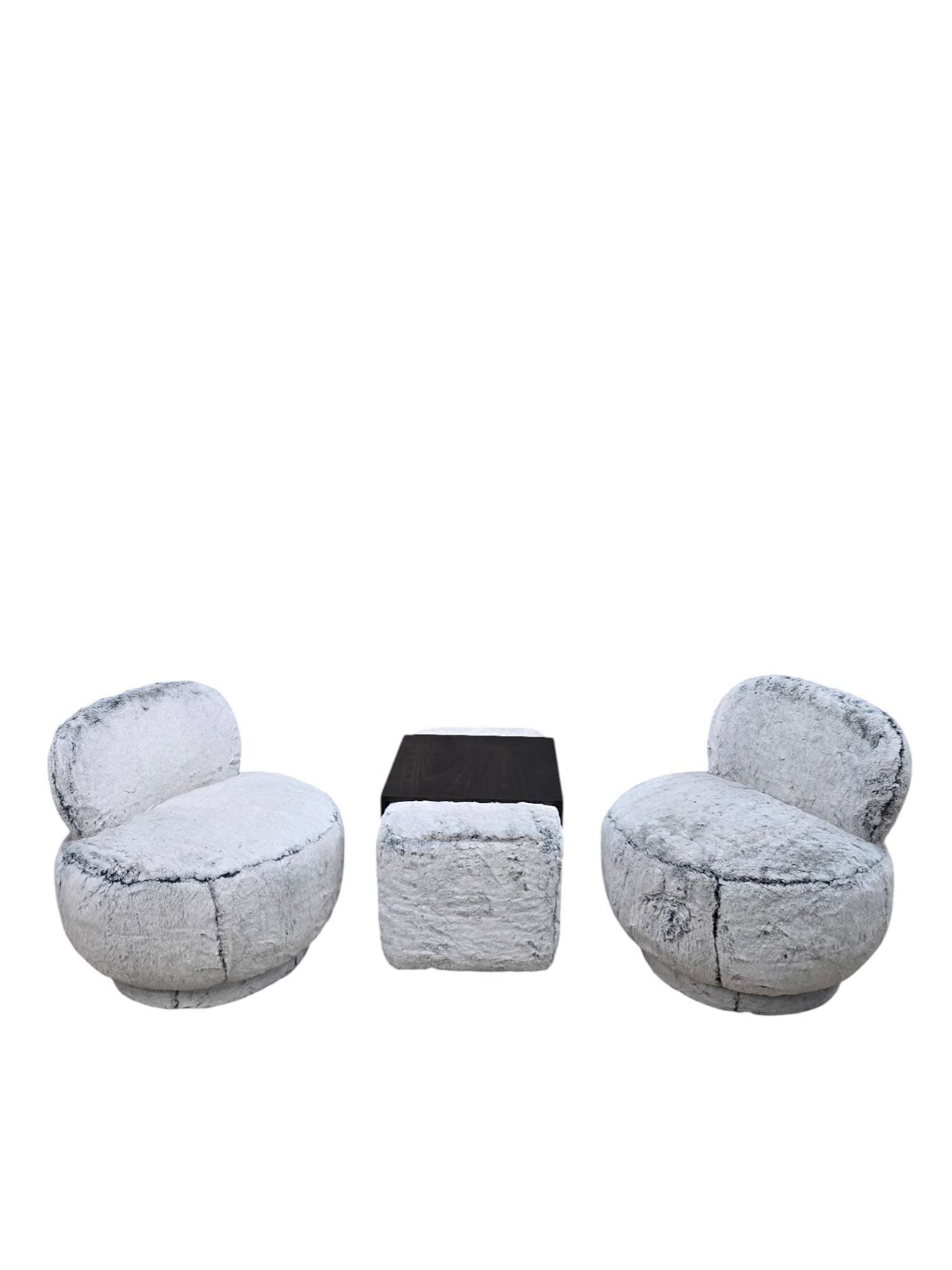 Postmodern Steve Chase Style Swivel Pouf Lounge Chairs and Ottoman Newly Reupholstered