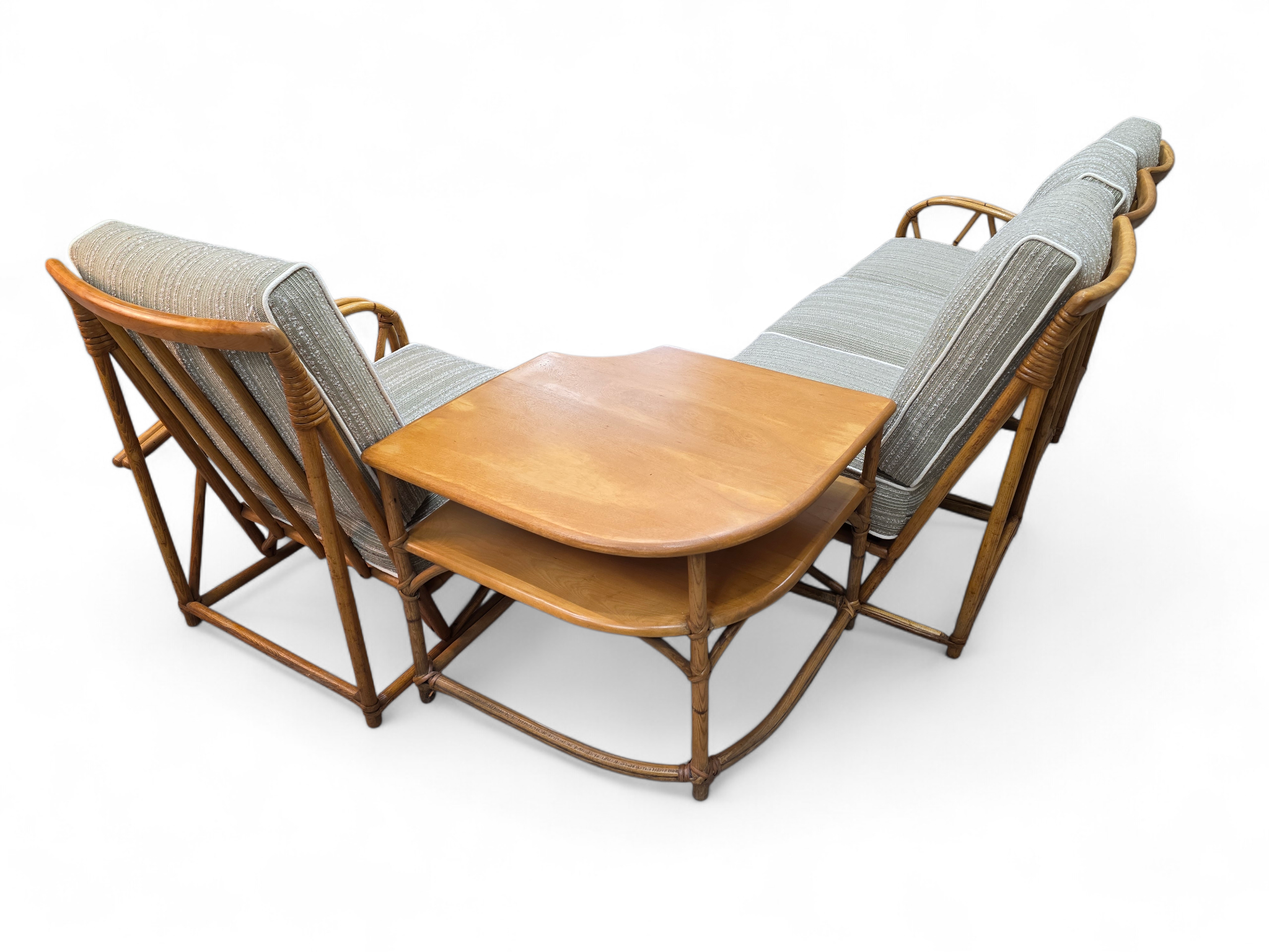 New - Mid Century Modern Coastal Bamboo 4 Piece Modular Sectional Sofa Newly Reupholstered with Two Tier Bamboo Side Tables by Heywood Wakefield