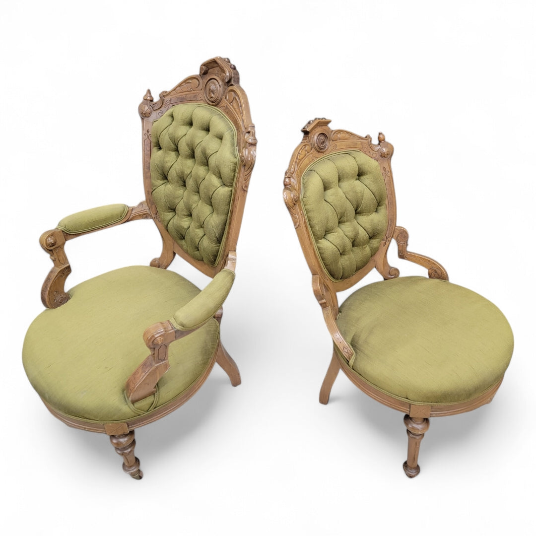 Antique Victorian John Jelliff Style Carved Ornate His and Hers Tufted Parlor Chairs - Set of 2