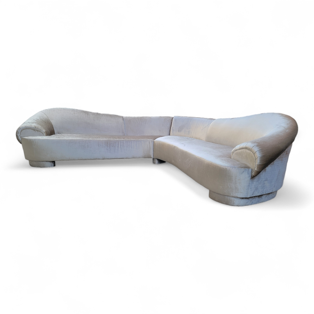 Post-Modern Curved 2pc Sectional Sofa By Carsons Newly Upholstered in Champagne Velvet