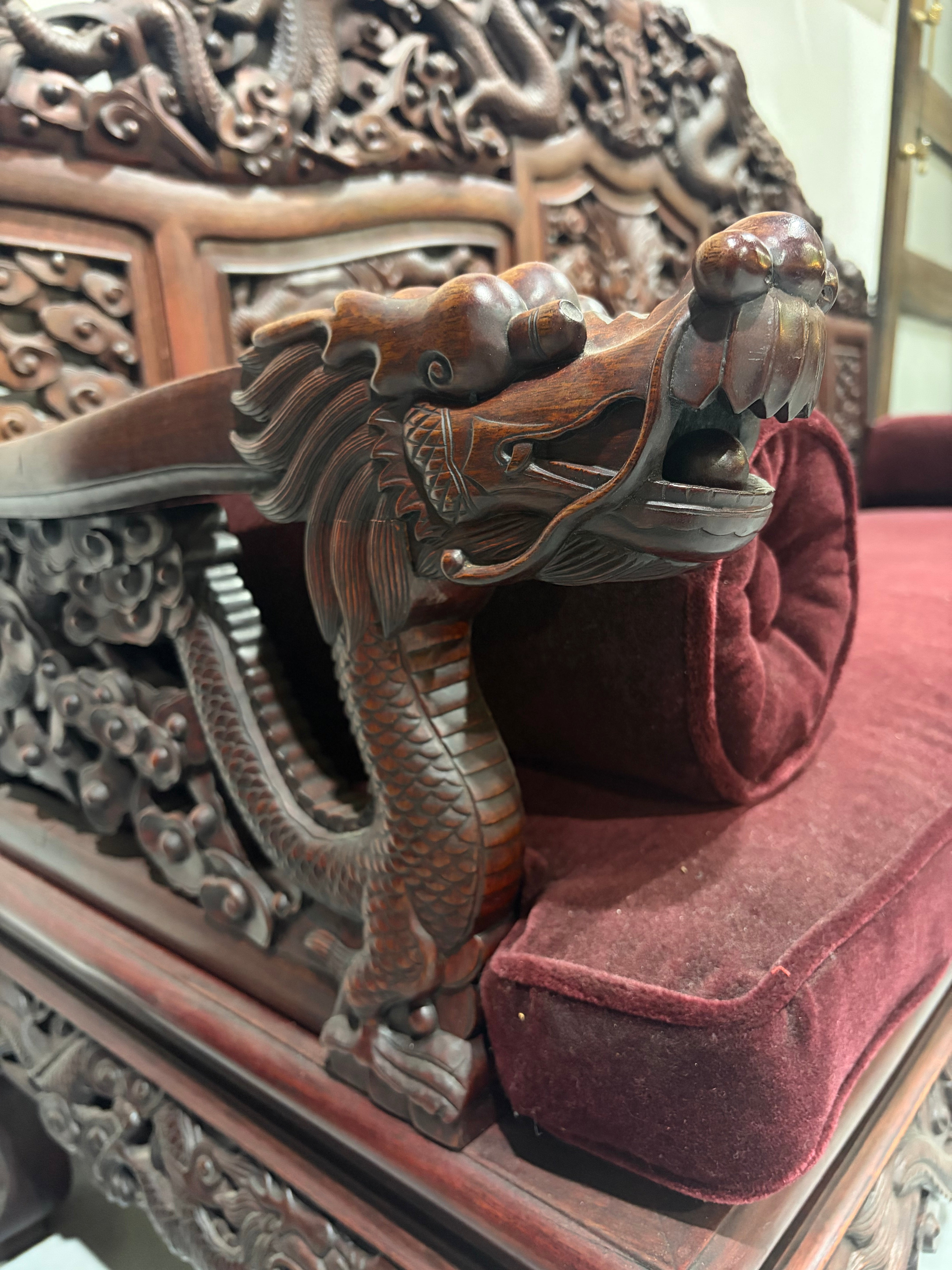 Chinese Carved Dragon Settee With Burgundy Mohair Upholstery