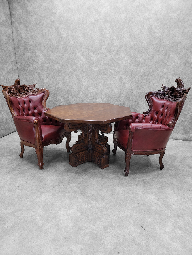 Antique Italian Baroque Style Finely Carved Ornate Mahogany Octagonal Center/Library Table