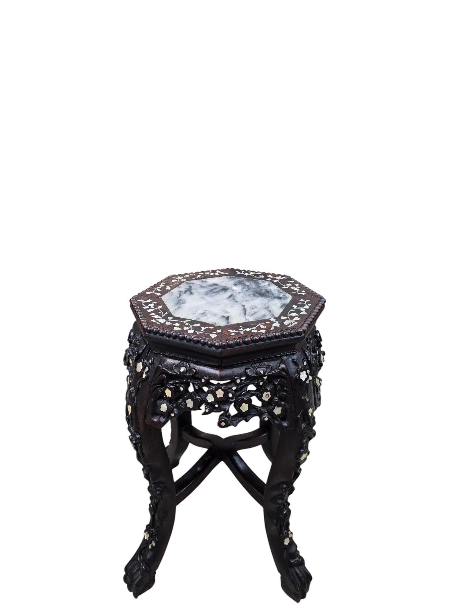 Antique Chinese Carved Hardwood Side Table with Marble Insert & Mother-of-Pearl Inlay