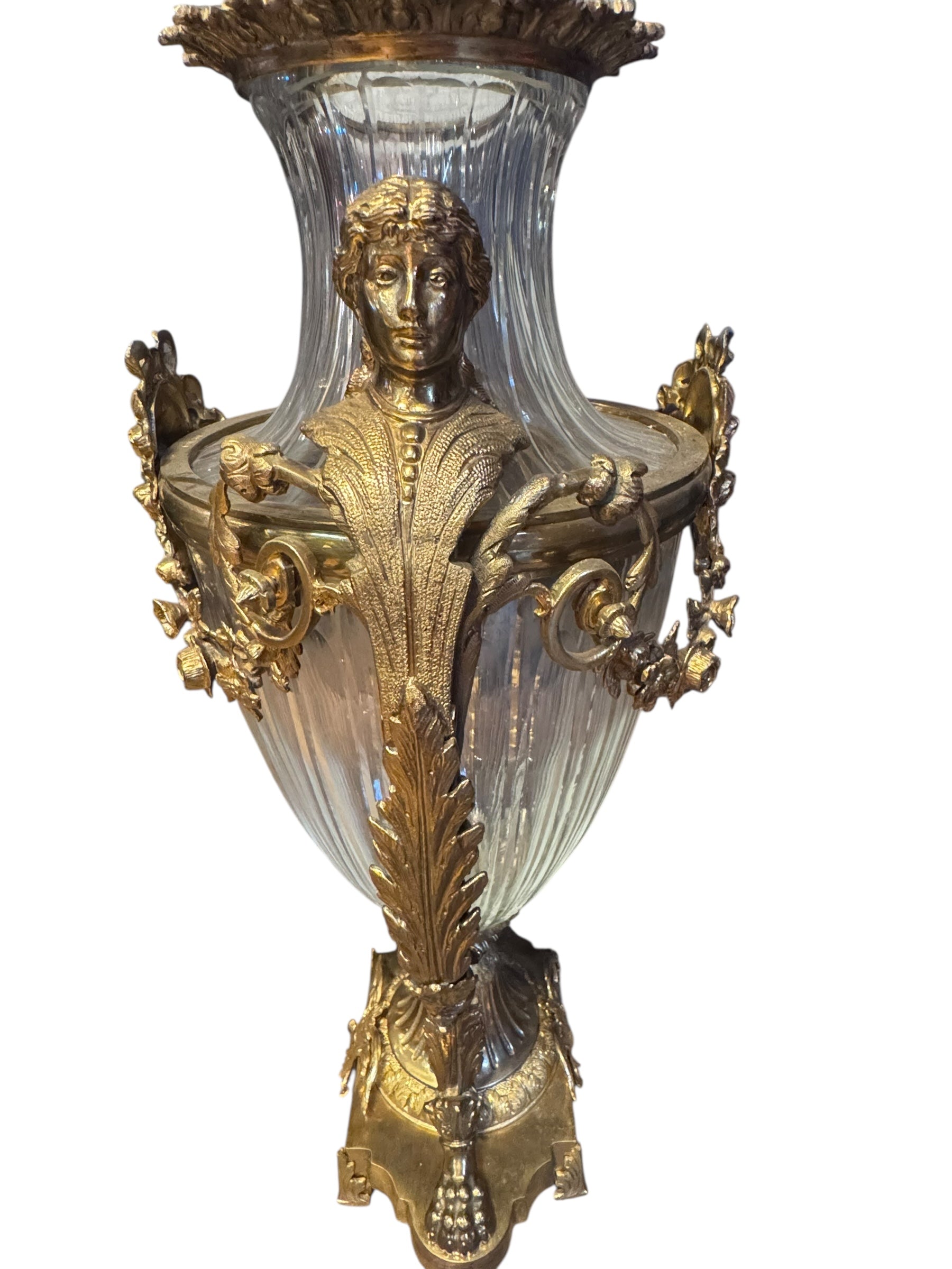 Antique French Gilt Bronze Diamond Cut Baccarat Crystal Urns Signed - Pair