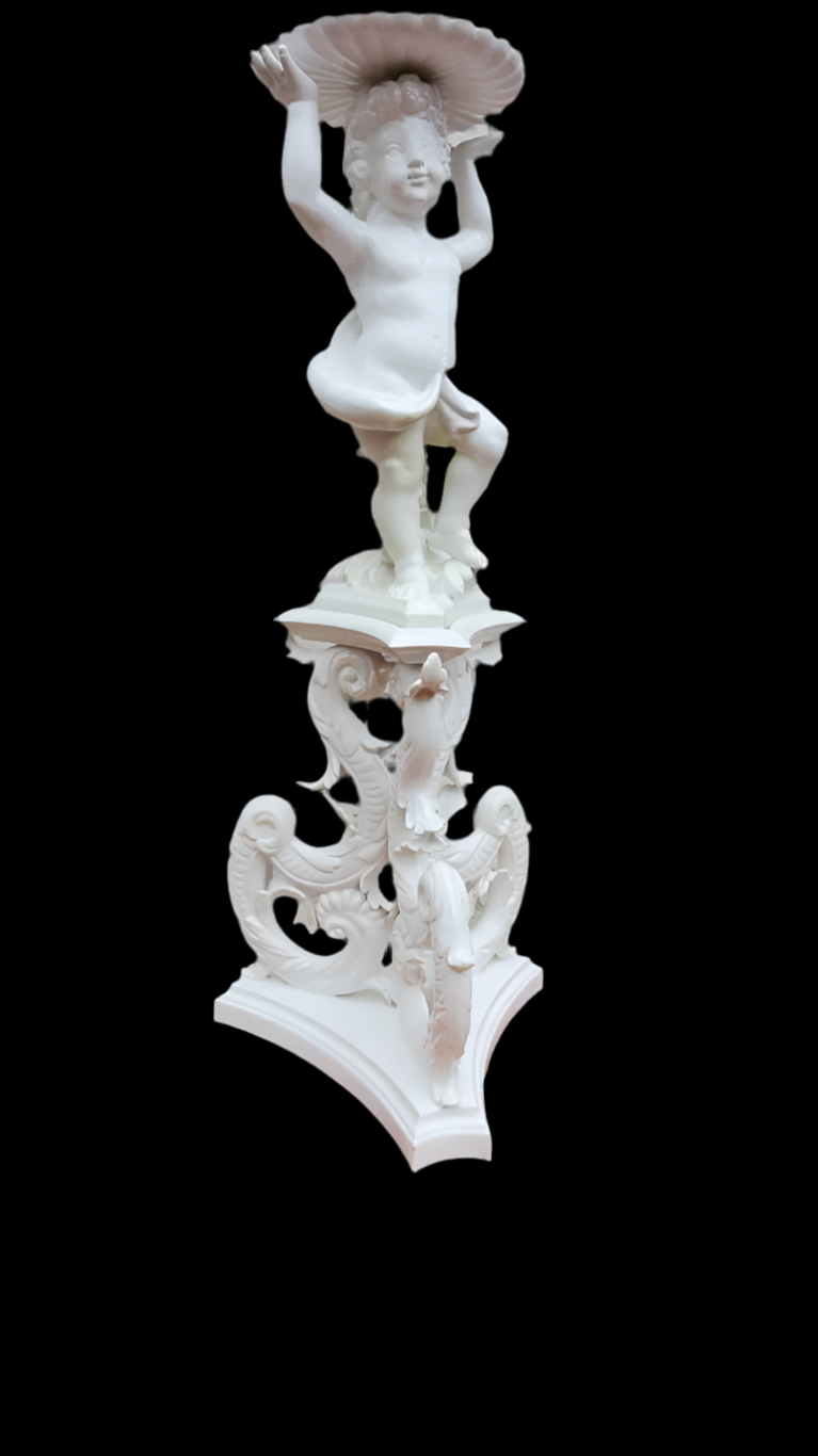 Antique Italian Rococo Style White Capodimonte-Style Cherub Putti Figural Plant Stand / Pedestal Sculpture