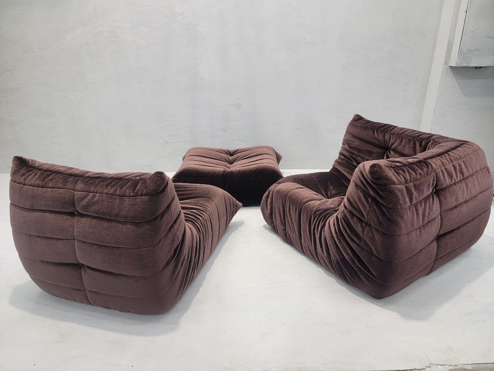 Mid Century Modern Togo Modular Sofa Set by Michel Ducaroy for Ligne Roset Newly Upholstered in Purple Mohair - 3 Piece Set
