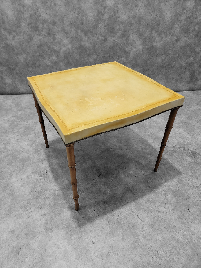 NEW - Mid-Century Tapered Bamboo Leg Game Table Upholstered in Canary Yellow Leather by Barnard & Simonds Furniture Co.