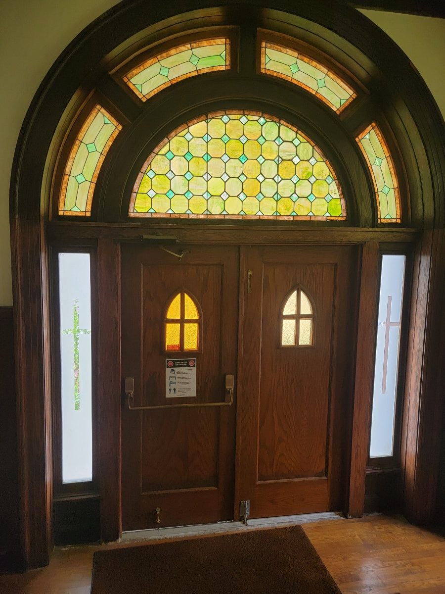 Antique Salvaged Arched Tiffany Style Stained Glass Windows and Double Oak Entryway Doors - Set of 2