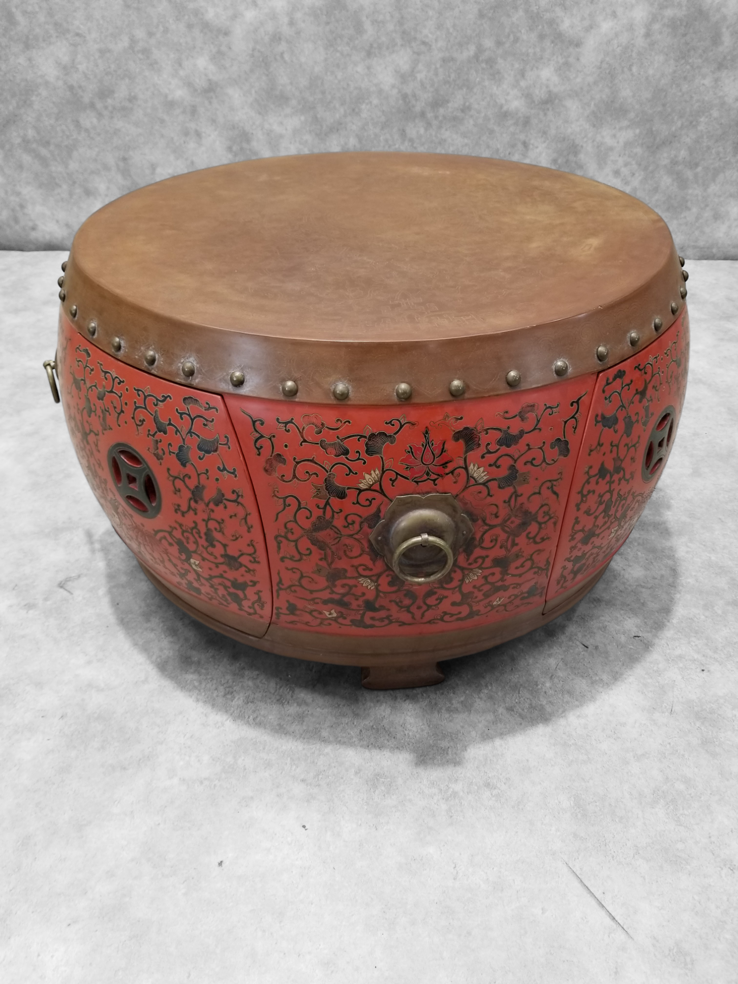 Vintage Asian Style Red Coromandel Drum Coffee/Side Table - Set of 5